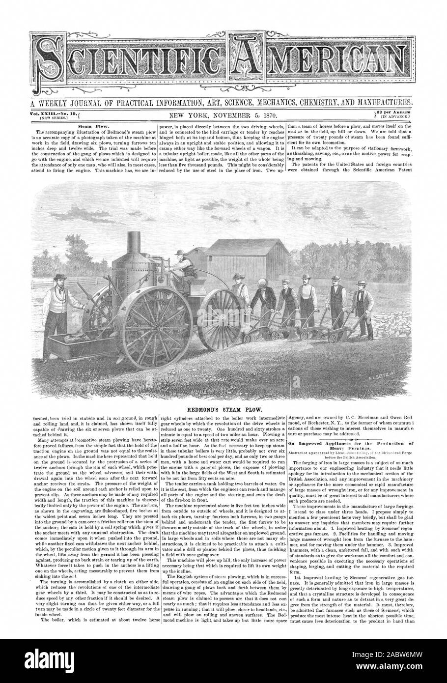 S $ 3 pro Jahr, die auf verbesserte Geräte für die Produktion von schweren Schmiedeteilen. Die REDMOND DAMPF PFLUG., Scientific American, 1870-11-05 Stockfoto
