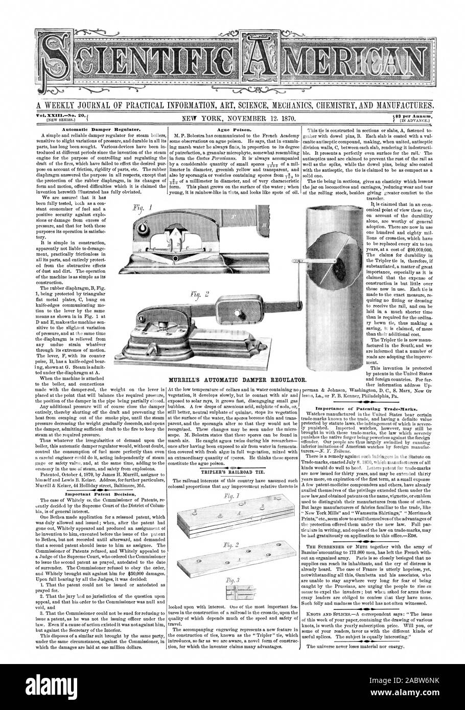 Eine wöchentliche Zeitschrift für PRAKTISCHE INFORMATIONEN KUNST WISSENSCHAFT MECHANIK CHEMIE UND FERTIGT R. Automatische Steuerung der Lufteinlassklappe. Ague Gift. T1 UPLE 2 RAILROAD binden. . MURRILL DER AUTOMATISCHEN DÄMPFER REGULATO, Scientific American, 1870-11-12 Stockfoto