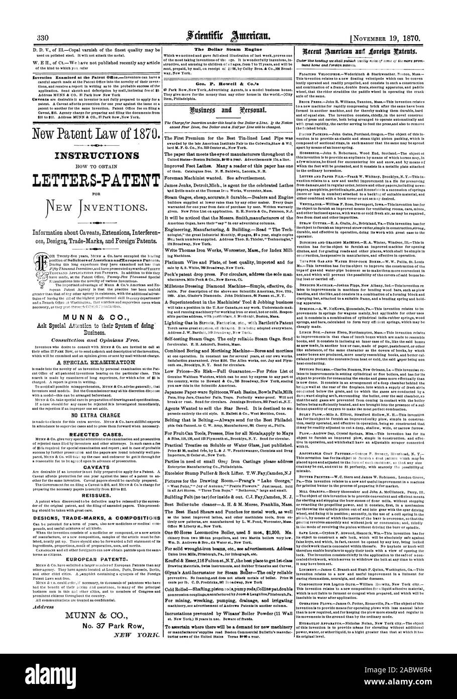 Anweisungen Buchstaben - PATENT OHNE AUFPREIS ABGELEHNT. Vorbehalte NEUAUSSTELLUNGEN. DESIGNS MARKEN & KOMPOSITIONEN EUROPÄISCHE PATENTE. MUNN & Co Nr. 37 Park Row der Dollar Dampfmaschine Ein 60 Pferd Lokomotive Kessel 5 Mos verwendet. 1200 $. Ma Keuffel & Esser 6 Fulton St. NEW YORK der beste Ort für die 1.-Klasse Glynn Anti-Incrustator für Dampfkessel - Die einzige zuverlässige Kompression couplingsm anufactured von Jones & LaughlinsPittsburghPa. Für den Bergbau wrecking Pumpen Entwässerung und Bewässerung, um festzustellen, wo es eine Nachfrage nach neuen Maschinen oder liefert der Hersteller werden Beaton kommerzielle Bulletin lesen Stockfoto