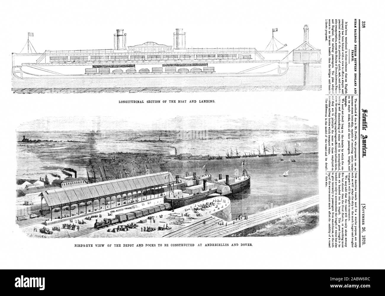 STEAK RAILROAD Fähren zwischen England und Frankreich. Längsschnitt der Boot und Landung. Vogelperspektive DES DEPOT und dockt an ANDRECELLES UND DOVER AUFGEBAUT WERDEN., Scientific American, 1870-11-26 Stockfoto