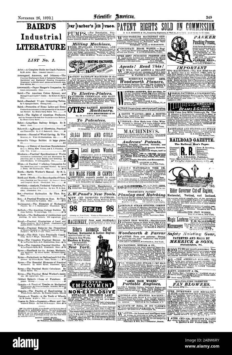 N EA 100 - Horse Power. Senden oder Ca. ars. Hobeln und passenden Woodworth & Farrar' AMES IRON WORKS." Portable Motoren Kleid der U-Eisen AI ein. Pittsburgh. Pa Horizontal Vertikal und Schräge T. H. IlicALLEsTEB Sicherheit Hubwerk patentierte und von MERRICK & Söhne Philadelphia Pa Gebläse Gebläse. Nicht explosiv, metallischen PETROLEUMLAMPE neue und 2d-Hand. - Horizontale und Vertikale Neigung Motoren. Handren & Ripley New York. PARKER PARKER BROS. Wichtig RAILROAD GAZETTE. Der Eisenbahn Mann Papier. Patentrechte zum Verkauf auf Kommission. AIEATING FABRIKEN. Der westlichen Welt. Eine Mo-enifi, Scientific American, 1870 Stockfoto