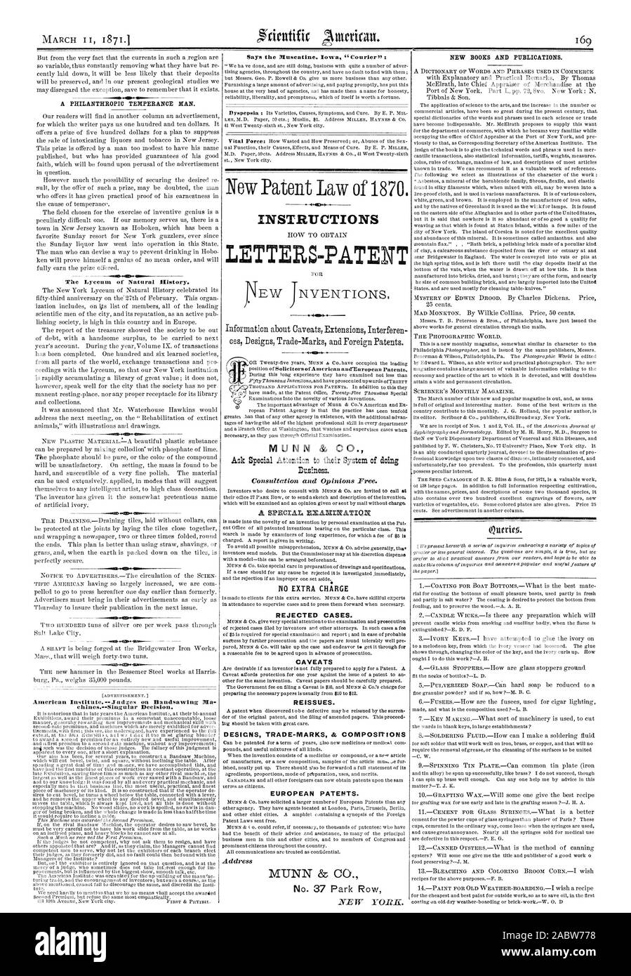 Das Lyceum of Natural History. American Institute.-- Judzes auf Bandsawing chlaos.-- Slngular Entscheidung. Diese Maschine war die zweite Prämie gewährt. Anweisungen Buchstaben - PATENT OHNE AUFPREIS ABGELEHNT. der abgelehnten Fälle von Erfindern und andere Rechtsanwälte eingereicht. In solchen Fällen für besondere Prüfung und Bericht eine Gebühr von 5 $ erforderlich ist; und im Falle der wahrscheinlichen suecess durch weitere Verfolgung und die Papiere gefunden werden einigermaßen gut. pared MORN & Co. der Fall und versuchen, es durch für eine angemessene Gebühr im Voraus der Strafverfolgung zu vereinbaren. Vorbehalte sind wünschenswert, wenn Stockfoto