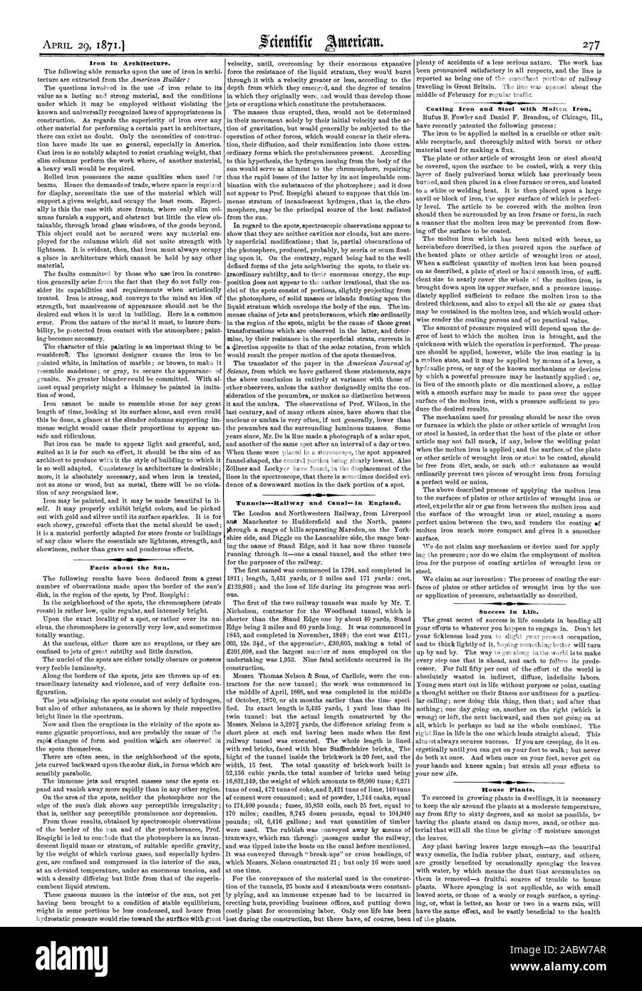 Eisen in der Architektur. Fakten über die Sonne Beschichtung von Eisen und Stahl mit geschmolzenem Eisen Erfolg im Leben. Haus Pflanzen., Scientific American, 1871-04-29 Stockfoto