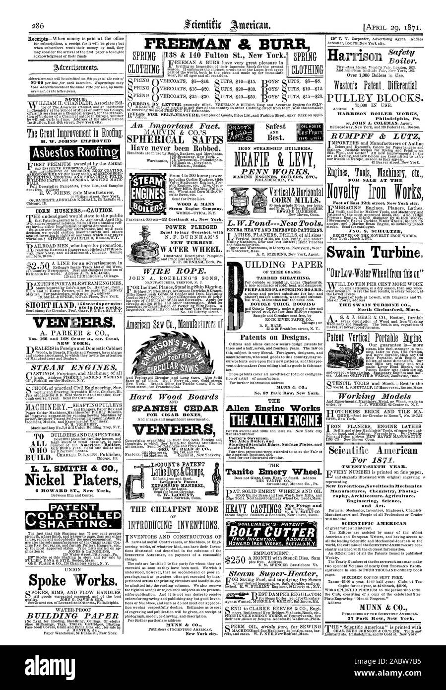 Ute in vier Wochen. Furniere. Bemerken. Maisentlieschmaschinen. VORSICHT. 7 Nr. 166 und 168 Mitte an. adr. Canal NEW YORK DAMPF ENGI 1 VES L.L. SMITH & Co. Nickel Http://chromitierung.surtec.com 6 HOWARD ST. New York sprach. Gebäude PAPIER Sicherheit Harrison Kessel arbeitet Philadelphia Pa UMPFF & LUTZ ZUM VERKAUF am Fuße des Osten bautafeln Street New York City JNO. S. SCHULTZE Swain Turbine. Die SWAIN TURBINE CO North Chelmsford Messe Modelle Scientific American FREEMAN & BURR PENN WERKE L. W. PondNew Tools. EXTRA SCHWERE UND VERBESSERTE Muster GETEERT UMMANTELUNG PREPAREDPLASTERINGBOARD DOUBLE DICK ROOFING Nr. 37 Park Row New York Stockfoto