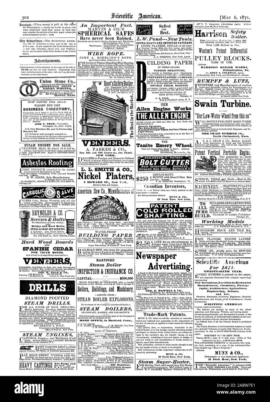 Künstlicher Stein & EMERY RÄDER BOSTON MASS. Drahtseil. Furniere. Nr. 166 und 168 Zentrum st. Auto. Canal NEW YORK hartes Holz Bretter spanische Zeder für ZIGARRENKISTEN FURNIERE GEO. W. LESEN & Co. Dampf Bohrer. Dampfmaschine Schrauben cBolts Brücke und Dach Schrauben. Stahl & Eisen STELLSCHRAUBEN GETEERT UMMANTELUNG VORBEREITET VERPUTZEN BOA RD DOPPELT DICKE DACHDECKER Kessel. Alle MUNN & Co. Dampf Super-Heater, Scientific American, 1871-05-06 Stockfoto