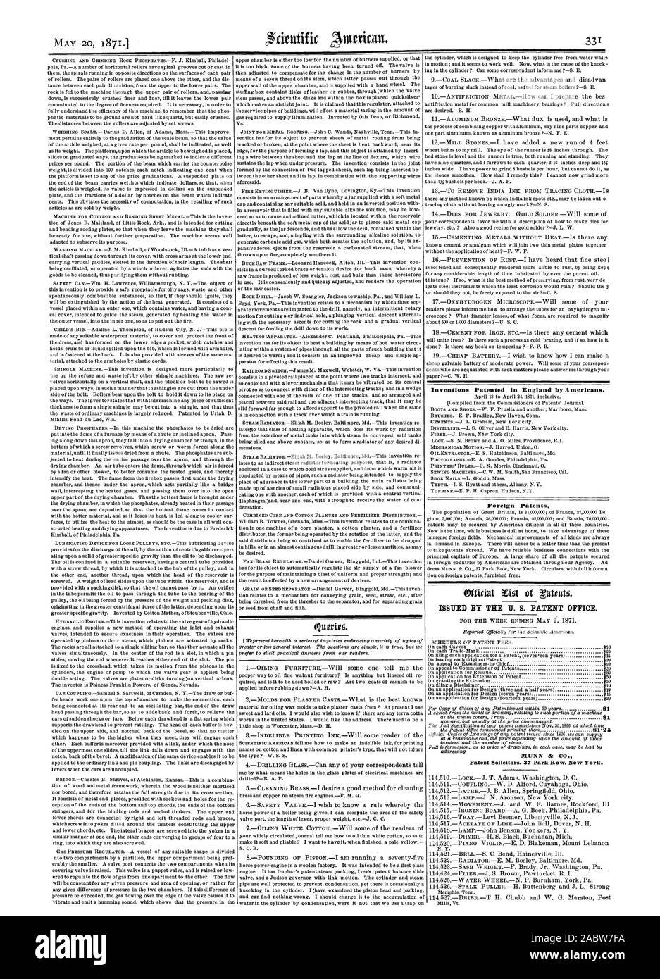 Mais und Baumwolle PFLANZMASCHINE UND DÜNGERSTREUER patentierten Erfindungen in England durch die Amerikaner kombiniert. Ausländische Patente. Herausgegeben von den US PATENT OFFICE. Patent Anwälte. 37 Park Row New York., Scientific American, 1871-05-20 Stockfoto