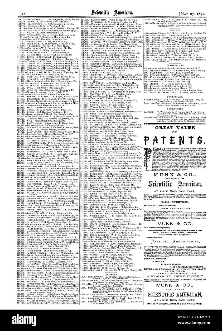 MUNN & Co Verleger der MUNN & CO Interferenzen und. Zuweisungen. Neuausstellungen ausländische Patente" STÖRUNGEN HINWEISE AUF VERKAUF PATENTE PATENTAMT DIE PATENTGESETZE GEBÜHREN usw. siehe MUNN & Co. Tolle VENTIL, Scientific American, 1871-05-27 Stockfoto