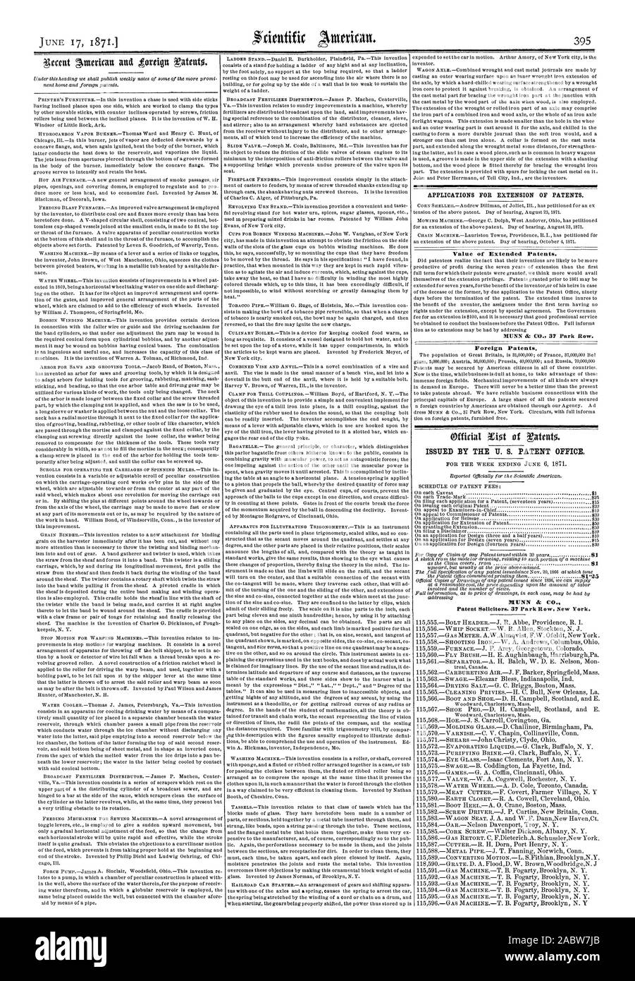 Anträge auf Verlängerung von Patenten Wert der Erweiterten Patente. MUNN bei CO.37 Park Row. Ausländische Patente. Herausgegeben von den US PATENTAMT MUNN & Co., Scientific American, 1871-06-17 Stockfoto