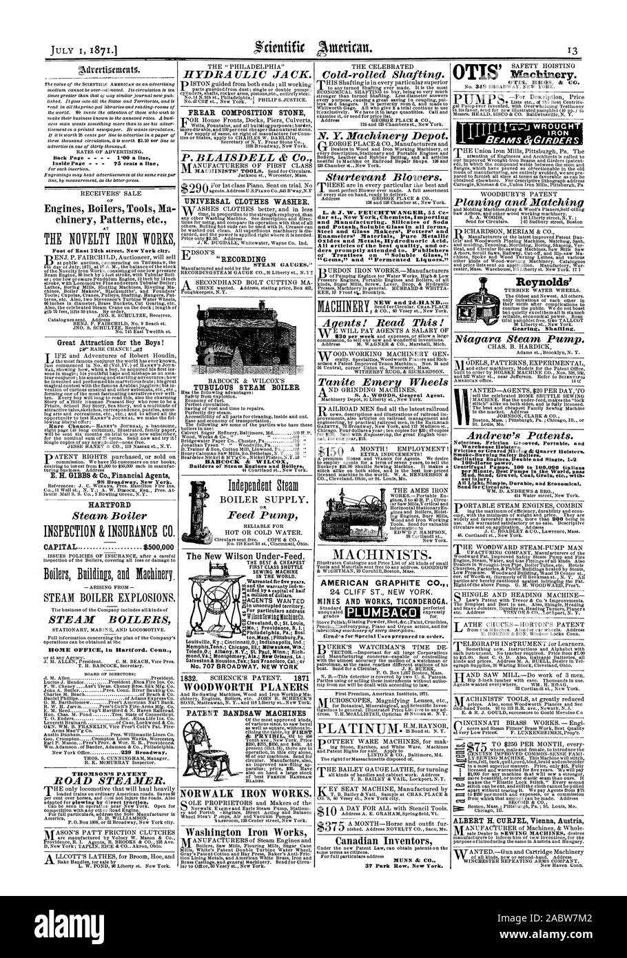 Für ca. Ich ars Senden. ALBERT H. CURJEL Wien Österreich Zurück Seite 1'00 eine Linie innerhalb Seite 75 Cents pro Zeile chinery Muster etc. Fuß von East 12th Street New York City. Große Attraktion für die Jungen! E.H. GIBBS & Co Financial Agents 98 Broadway New York. HARTFORD CAPITAL $ 500000 HOME OFFICE in Hartford. Anschl. THOMSON'S PATENT UNIVERSAL WASCHMASCHINE. Aufzeichnung DAMPF MESSGERÄTE, Scientific American, 1871-07-01 Stockfoto