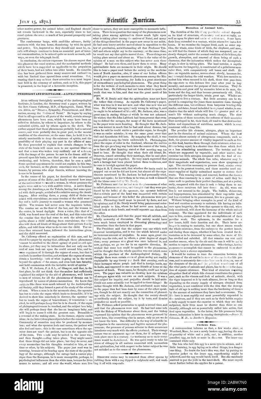 PHROENOLOGY und SPIRITUALISMUS. Eine lebhafte Diskussion. Dauer des tierischen Lebens. Neugierig Ei., Scientific American, 1871-07-15 Stockfoto