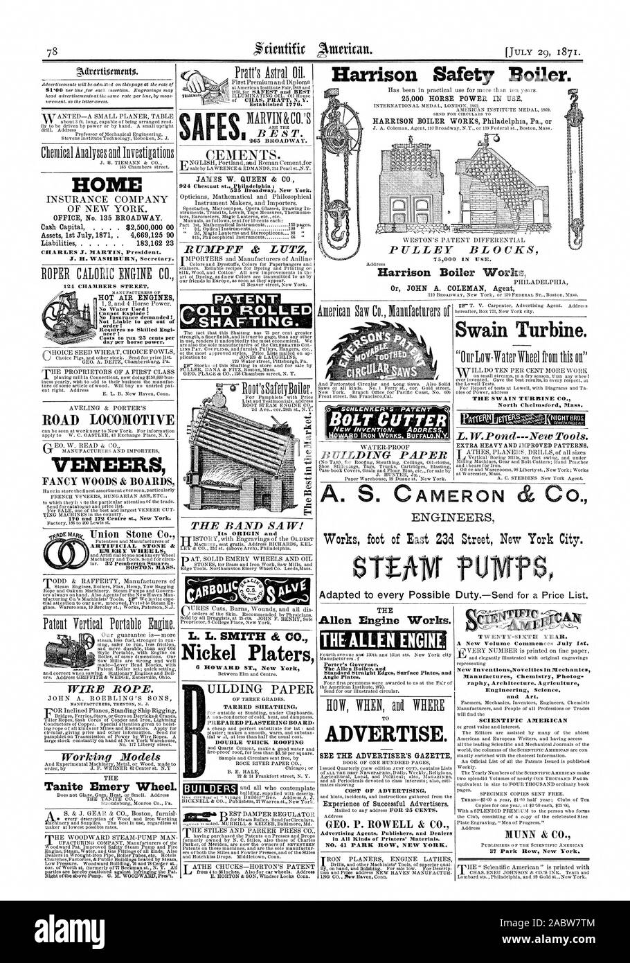 183162 23 Charles J. MARTIN Präsident. J. H. WASHBURN Sekretärin. 124 CHAMBERS STREET HEISSE LUFT MOTOREN nicht explodieren, keine Versicherung gefordert! Keine Haftung aus der Bestellung zu erhalten! Erfordert keine qualifizierten Engi neer! Kosten 25 Cent pro Tag pro Leistung zu laufen. Straße LOKOMOTIVE FURNIERE FANCY HOLZ & BOARDS KUNSTSTEIN dr BOSTON MASS. Geteerten UMMANTELUNG VORBEREITET VERPUTZEN BOARD; doppelte Dicke ÜBERDACHUNG BAUHERREN DIE BAND sah." Seine Herkunft und L. L. SMITH ci Co. Nickel Http://chromitierung.surtec.com HOME, Scientific American, 1871-07-29 Stockfoto
