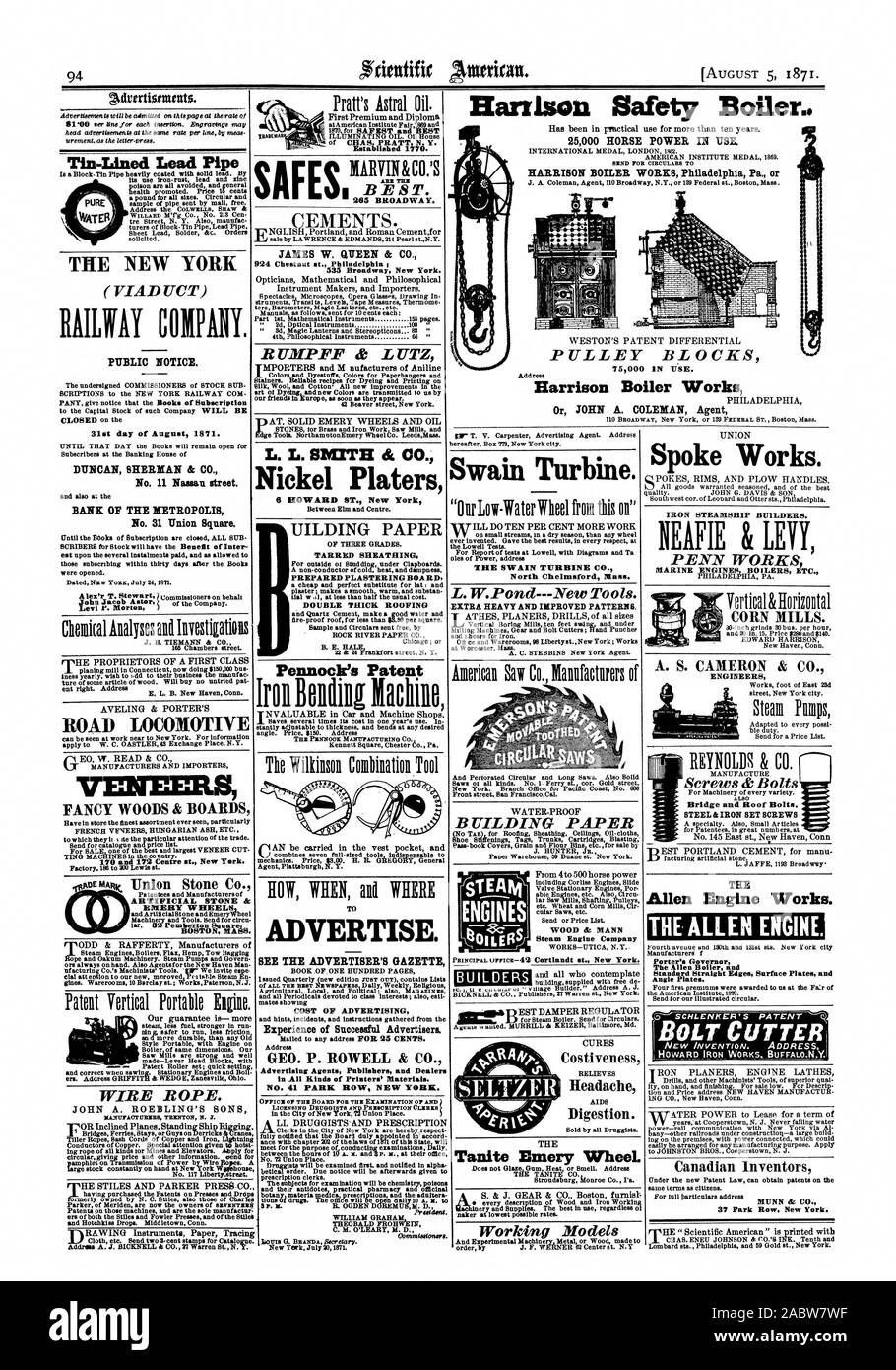 Tin-Lined Leitung Leitung der NEW YORK (Viadukt) EISENBAHN COXPANY. Öffentliche Bekanntmachung. 31. Tag des Monats August 1871. DUNCAN SHERMAN & Co Nr. Nassau Street. BANK DER METROPOLE Nr. 31 Union Square. Y. Morton Levi Harrison Sicherheit Kessel Harrison Kessel arbeitet FLASCHENZÜGE 75000 IM EINSATZ. Straße LOKOMOTIVE FURNIERE FANCY HOLZ & BOARDS 170 und 172 Zentrum st. New York. Union Stein Co künstlicher Stein & EMERY RÄDER BOSTON A SS. Drahtseil. Gegründet 1770. "Am besten. JAMES W. QUEEN & Co 535 Broadway New York. RUMPFF es LUTZ L.L. SMITH CFC-CO.Nickel Http://chromitierung.surtec.com werben. Siehe DES INSERENTEN ZEITUNG KOSTEN DER Stockfoto