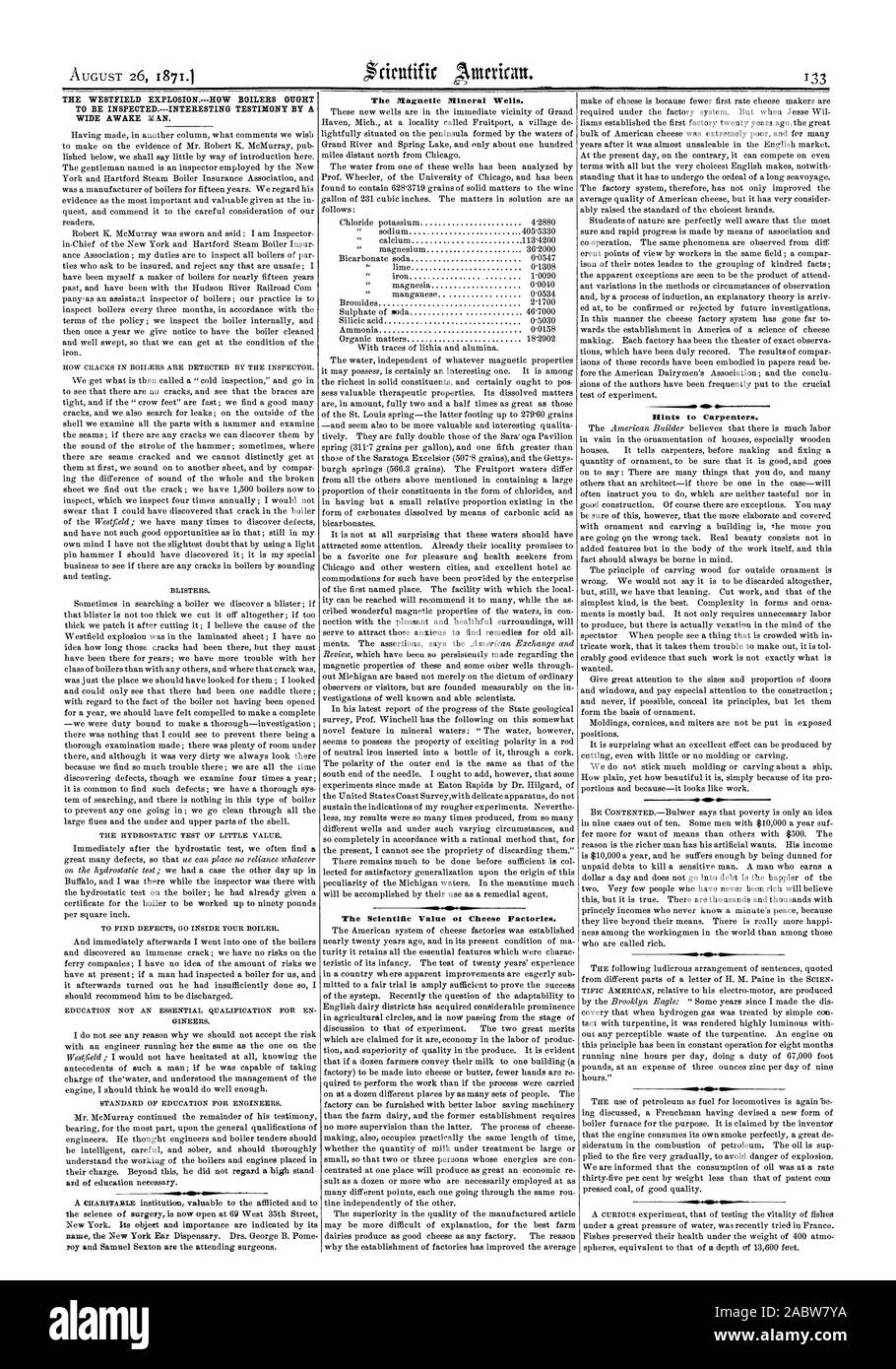 Die WESTFIELD EXPLOSION. wie Kessel sollten überprüft werden. Interessantes ZEUGNIS VON EINEM MANN WACH. Die magnetischen Mineral Wells. Der wissenschaftliche Wert oder Käsereien. Hinweise zu Schreiner., Scientific American, 1871-08-26 Stockfoto