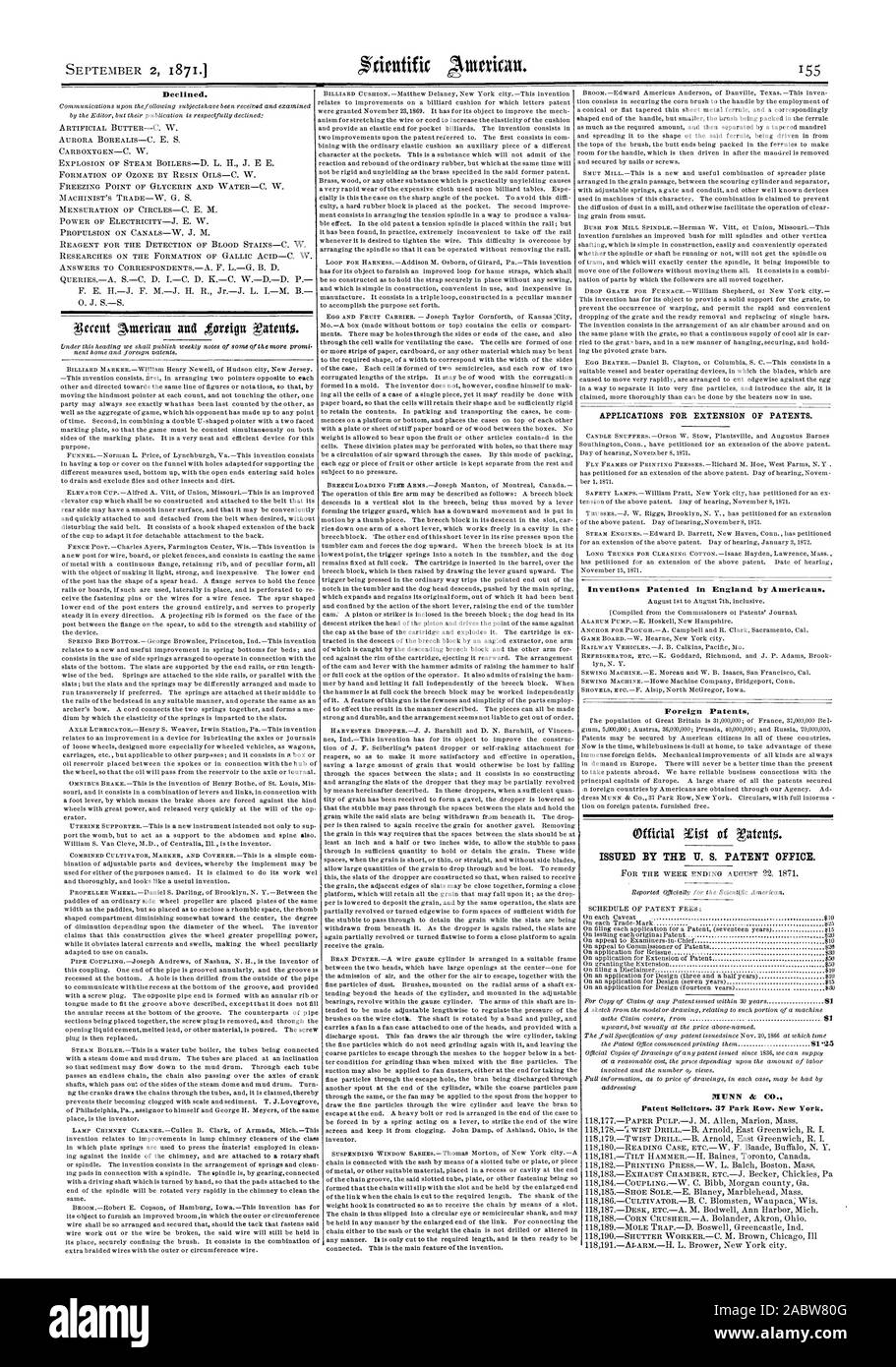 Zurück. Anträge auf Verlängerung der Patente. Patentierter Erfindungen in England durch die Amerikaner. Ausländische Patente erteilt, die DURCH DIE US-PATENTAMT MUNN bei CO., Scientific American, 1871-09-02 Stockfoto