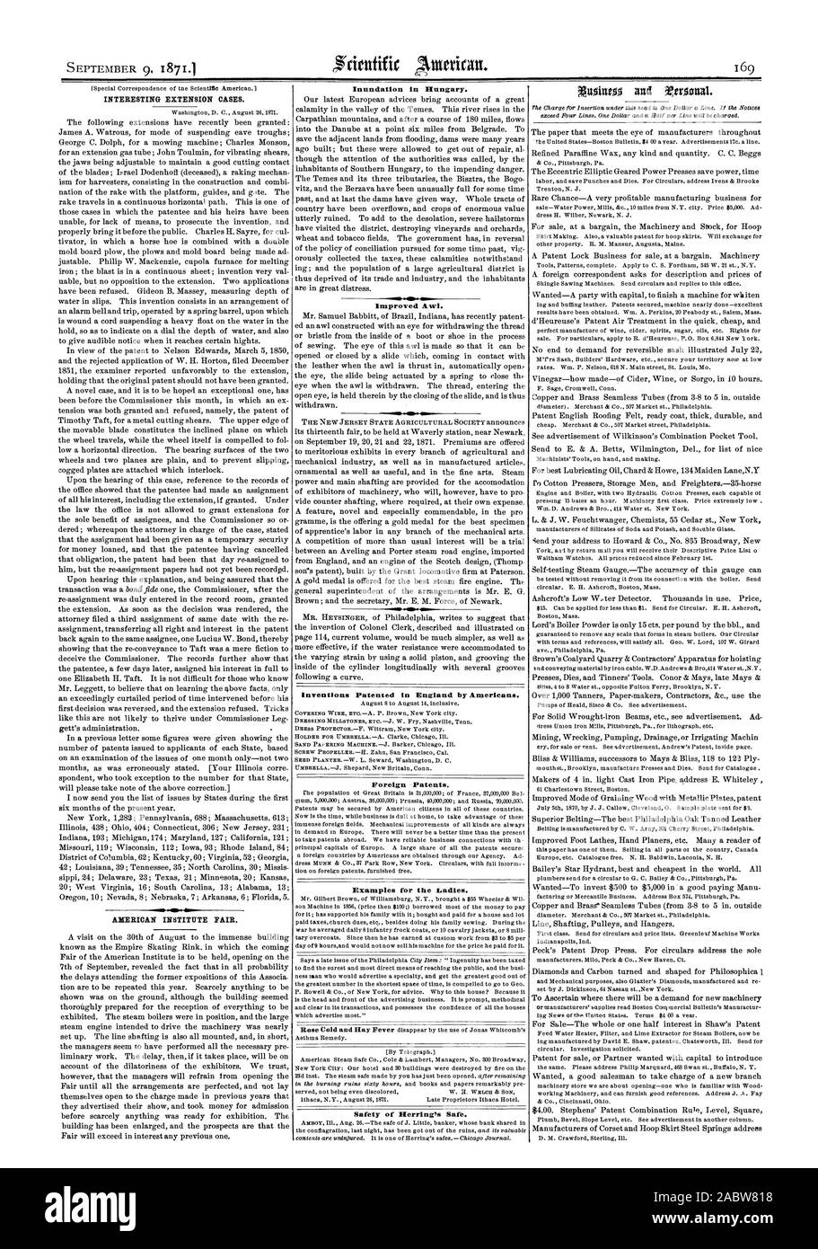 Interessante Erweiterung. AMERICAN INSTITUTE FAIR. Überschwemmung in Ungarn. Verbesserte Awl. Patentierter Erfindungen in Encland durch die Amerikaner. Ausländische Patente. Beispiele für die Damen. Sicherheit der Hering Sicher., Scientific American, 71-09-09 Stockfoto