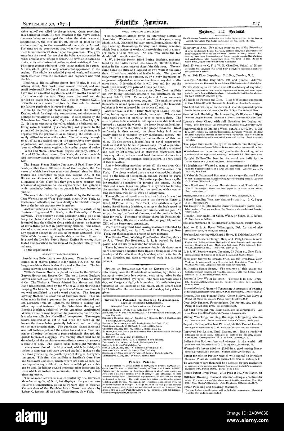 Patentierter Erfindungen in England durch die Amerikaner. Ausländische Patente., Scientific American, 1871-09-30 Stockfoto