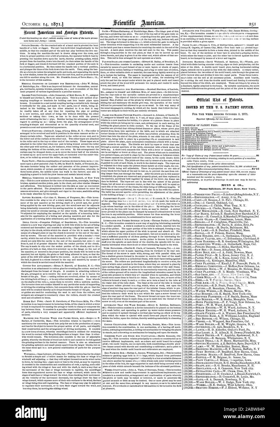 Die US PATENTAMT HERAUSGEGEBEN., Scientific American, 1871-10-14 Stockfoto