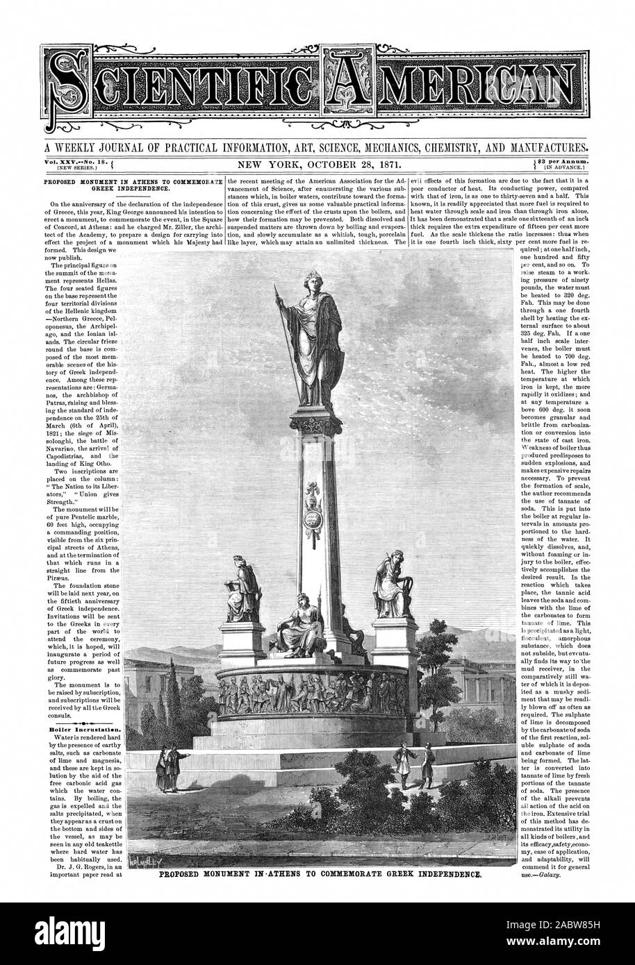 Eine wöchentliche Zeitschrift für PRAKTISCHE INFORMATIONEN KUNST WISSENSCHAFT MECHANIK CHEMIE UND PRODUZIERT. Bd. XXV.--Nr. 18. 1.A.3. Vorgeschlagene DENKMAL IN ATHEN GRIECHISCHE UNABHÄNGIGKEIT gedenken. 4) Boller Inkrustrationen. Vorgeschlagene Denkmal in Athen In der griechischen Unabhängigkeit gedenken., Scientific American, 1871-10-28 Stockfoto