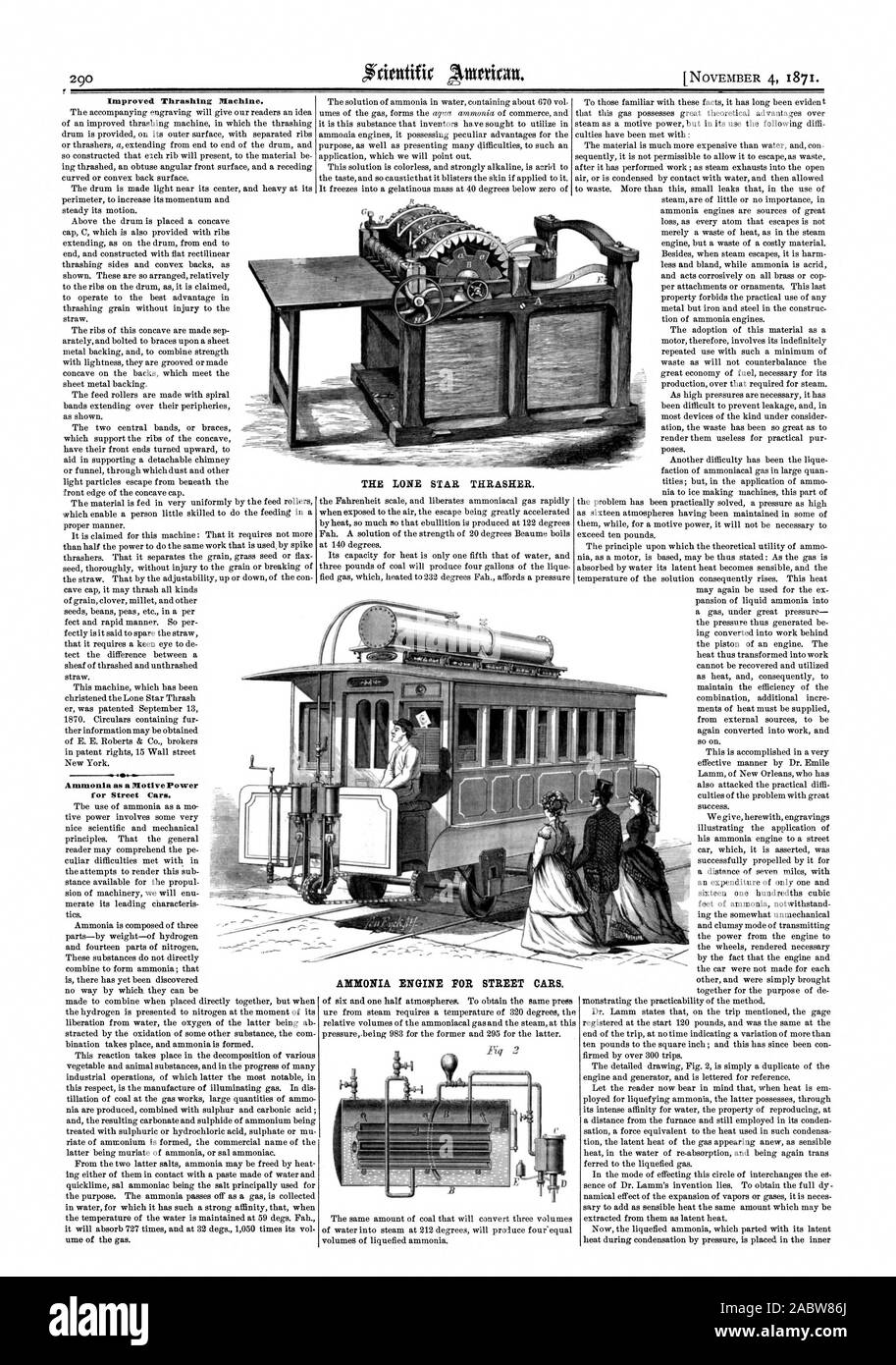 Ammoniak MOTOR FÜR STRASSENBAHNEN. Verbesserte Thrashing Maschine. Ammoniak als Antriebskraft für Straßenbahnen. Das LONE STAR. THRASHER., Scientific American, 1871-11-04 Stockfoto