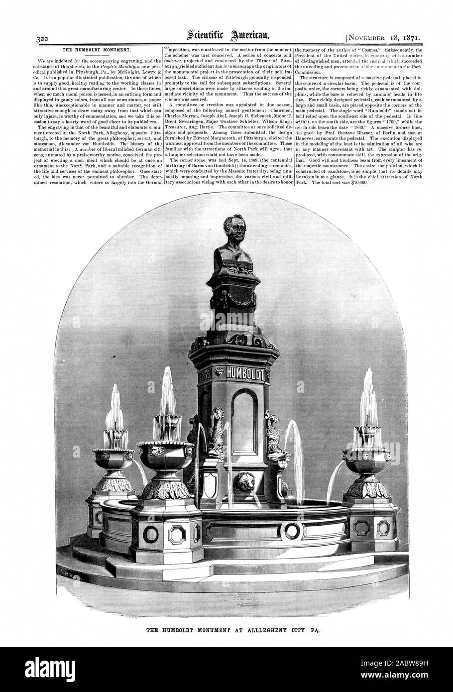Die Humboldt Denkmal an ALLLEGIIENY STADT PA., Scientific American, 1871-11-18 Stockfoto