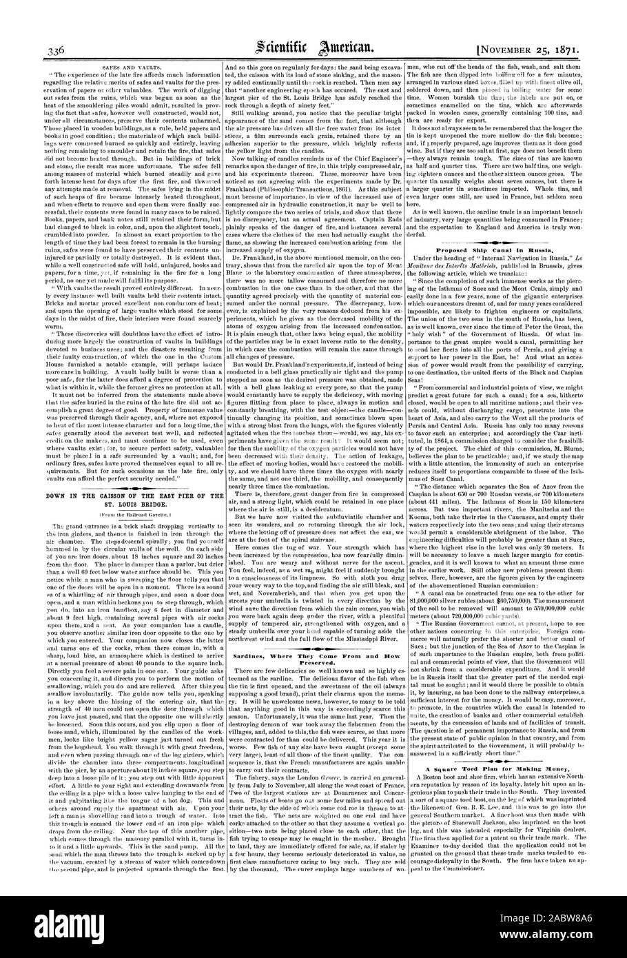 Sardinen, wo Sie her und wie erhalten. Vorgeschlagene überspringen Canal in Russland. Ein Quadrat Toed Plan für die Herstellung von Honig., Scientific American, 1871-11-25 Stockfoto