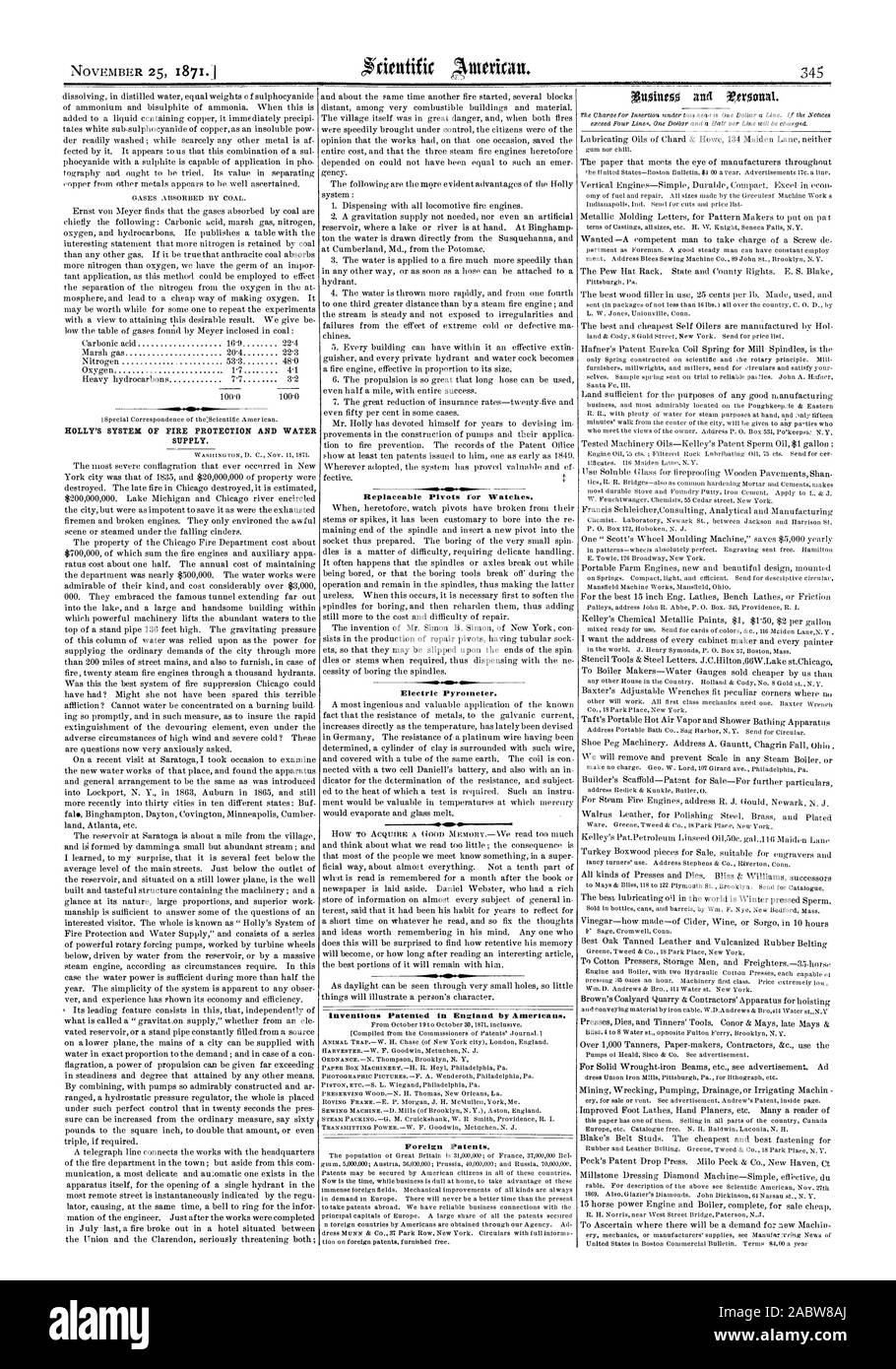 HOLLY'S SYSTEM DER BRANDSCHUTZ UND DER WASSERVERSORGUNG. Austauschbare Drehpunkte für Uhren. Elektrischen Pyrometers. Patentierter Erfindungen in England durch die Amerikaner. Ausländische Patente., Scientific American, 1871-11-25 Stockfoto
