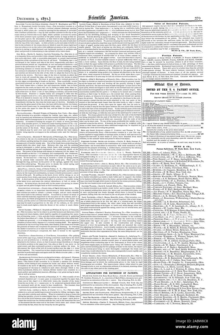 Wert der Erweiterten Patente. Ausländische Patente. MUNN & C Patent Anwälte. 37 Park Row. New York. Anträge auf Verlängerung der Patente., Scientific American, 1871-12-09 Stockfoto