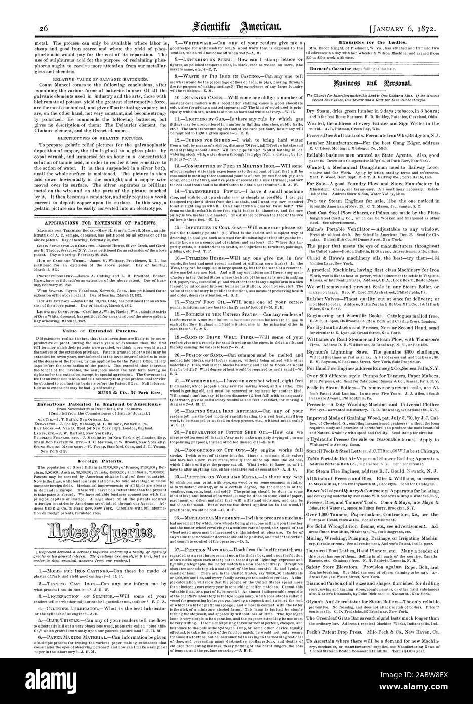 Anträge auf Verlängerung der Patente. Wert der Erweiterten Patente. MUNN d5 CO 37 Park liou patentierten Erfindungen in England durch die Amerikaner. Ausländische Patente. Beispiele für die Damen., Scientific American, 1872-01-11 Stockfoto