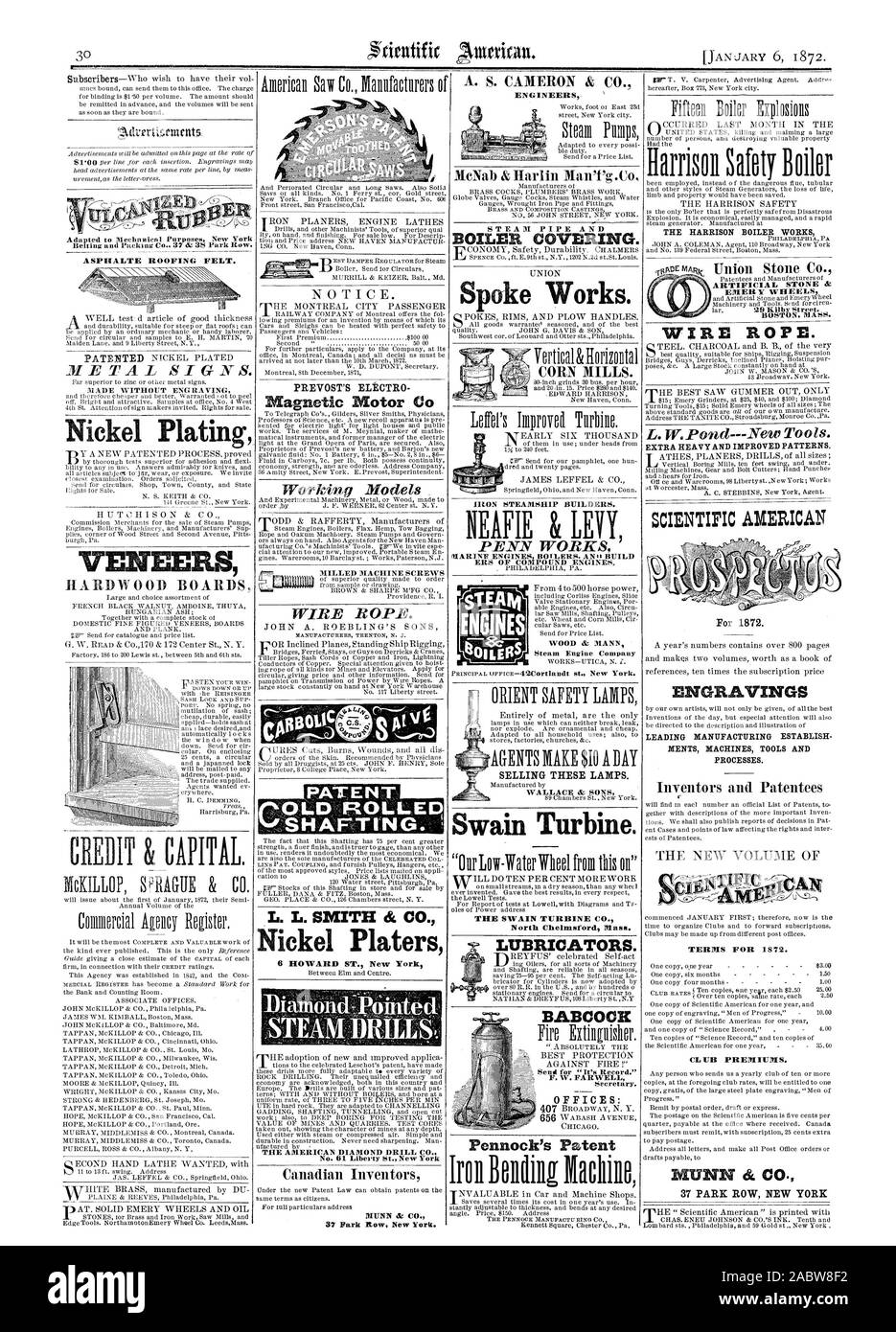 VENEERS Nickel Platin Swain Turbine. Die SWAIN TURBINE CO North Chelmsford Messe Kessel abdecken. Getreidemühlen. Holz & MANN BABCOCK Pennock's Patent L.L. SMITH et Co. Nickel Http://chromitierung.surtec.com NUNN & CO 37 Park Row New York. Der Harrison Kessel arbeitet künstlicher Stein & EMERY RÄDER DRAHTSEIL. EXTRA SCHWERE UND VERBESSERTE MUSTER. SCIENTIFIC AMERICAN GRAVUREN FÜHRENDEN HERSTELLUNG ETABLIEREN ANFORDERUNGEN MASCHINEN WERKZEUGE UND PROZESSE. Geschäftsbedingungen für 1872. CLUB PRÄMIEN. WALLACE & Söhne Öler., 1872-01-06 Stockfoto