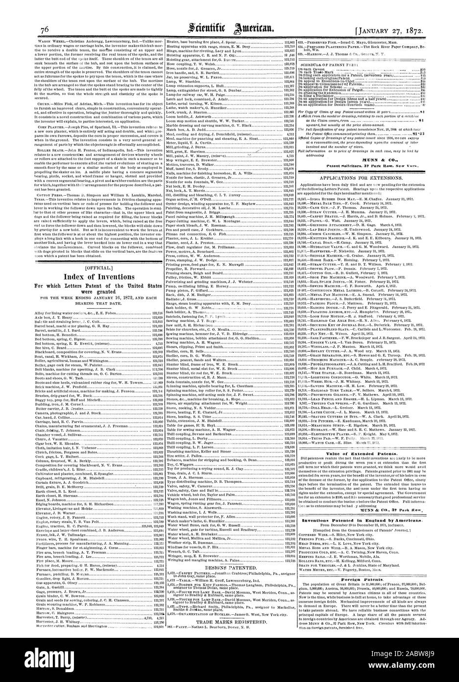 RIMMIllft Index von Erfindungen MUNN & Wert der Erweiterten Patente. Erfindungen in England Patentiert durch die Amerikaner. Ausländische Patente., Scientific American, 1872-01-27 Stockfoto
