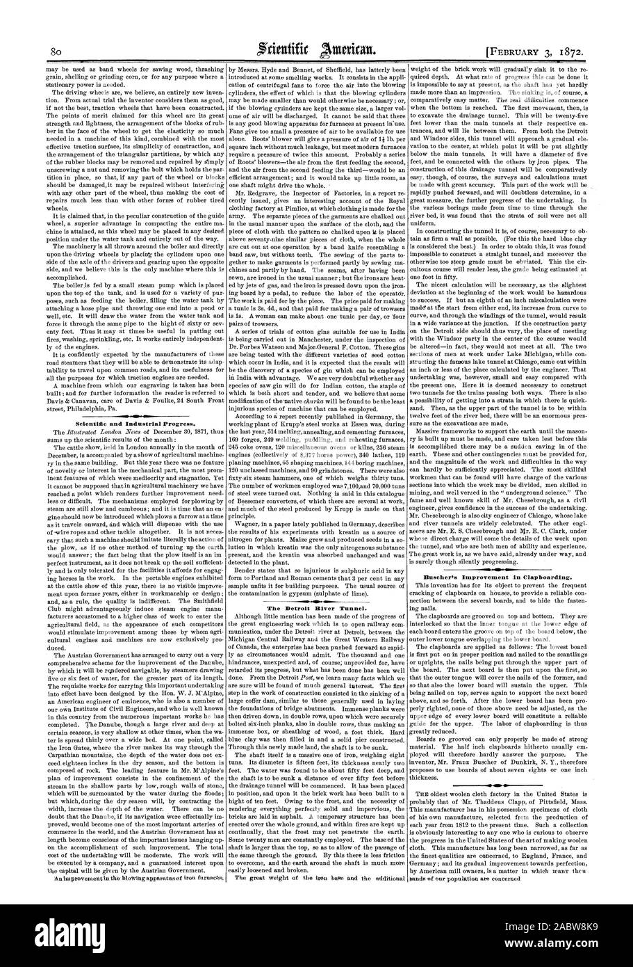 Wissenschaftlichen und industriellen Fortschritts. Die Detroit River Tunnel. Buscherf s Verbesserung der Clapboarding., Scientific American, 1872-02-03 Stockfoto