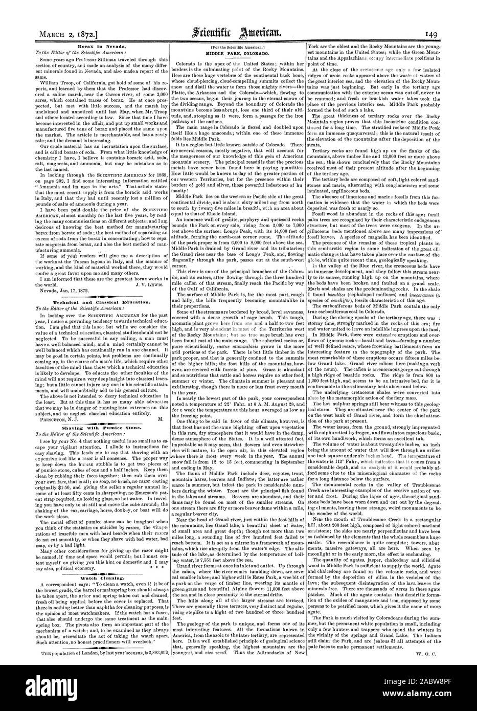 Technischen und klassischen Bildung. Rasieren mit Bimsstein. Sehen Sie sich die Reinigung. MIDDLE PARK COLORADO., Scientific American, 1872-03-02 Stockfoto