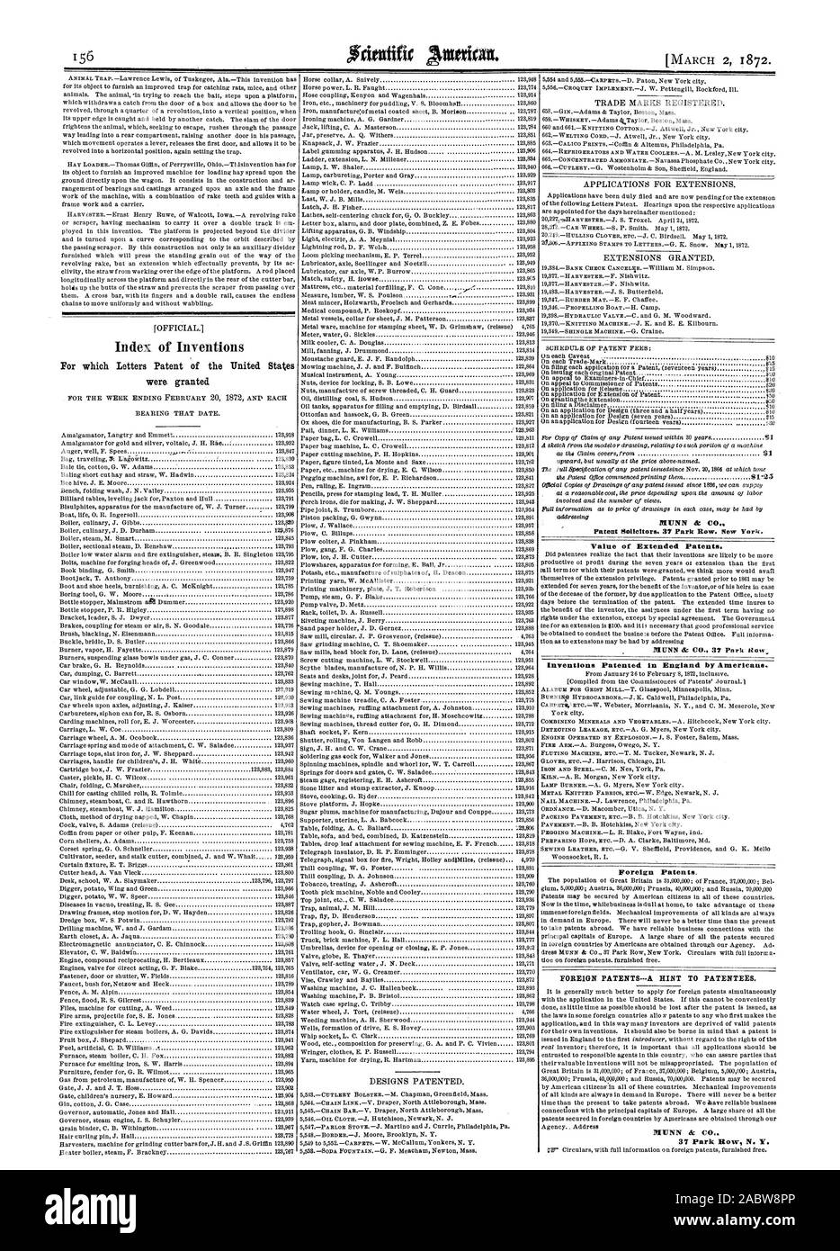 ANIMAL TRAP. - Lawrence Lewis von Tuskegee Ala - Diese Erfindung hat den Index von Erfindungen MUNN lc C patentierter Erfindungen in England durch die Amerikaner. Ausländische Patente. Ausländische PATENTE -' - ein Hinweis auf die Patentinhaber. 37 Park Row N.Y., Scientific American, 1872-03-02 Stockfoto