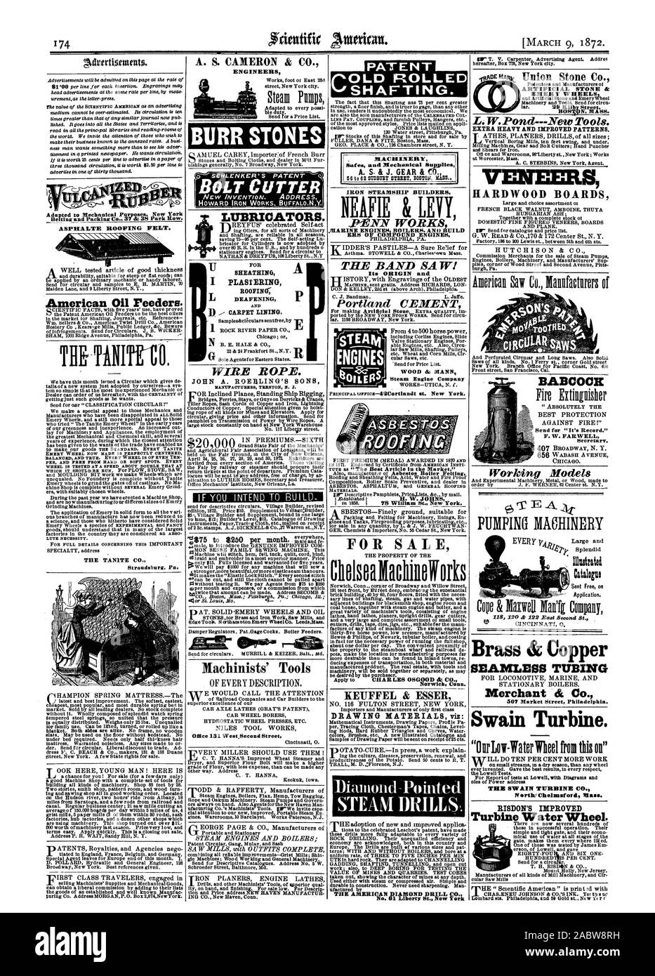 P'T. V. Tischler Werbung Agent. Adresse im folgenden Feld 718 New York City. Für mechanische Zwecke angepasst. New York ASPRIALTE DACHPAPPE. American Oil Feeder. Die TANILTE CO.STROUDSBURG PA BOLZENSCHNEIDER HOWARD IRON WORKS BÜFFEL. N.Y. Die Tatsache, dass diese Abnehm nas 75 Prozent größer sind auch der einzige Hersteller der berühmten COL kation t Jones & LAUGHLINS 120 Water Street Pittsburgh PA. W die Bestände dieser Shafting im Laden und zum Verkauf von FULLER DANA & FITZ. Boston Mass. GEO. Ort & Co 126 Chambers Street NEW YORK MACIIINEFLY Stales und Mechanische Snuffles A. S. & J. GANG &C. Bügeleisen Stockfoto