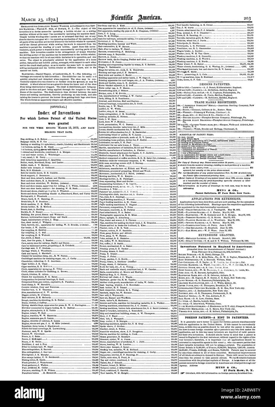 Patent Nollettors. 37 Park Row. New York. Patentierter Erfindungen in England durch die Amerikaner. Ausländische PATENTE -.- EIN HINWEIS AUF die Patentinhaber. MUNN&C Index der Erfindungen, für die Buchstaben Patent in den Vereinigten Staaten gewährt wurden, Scientific American, 1872-03-23 Stockfoto