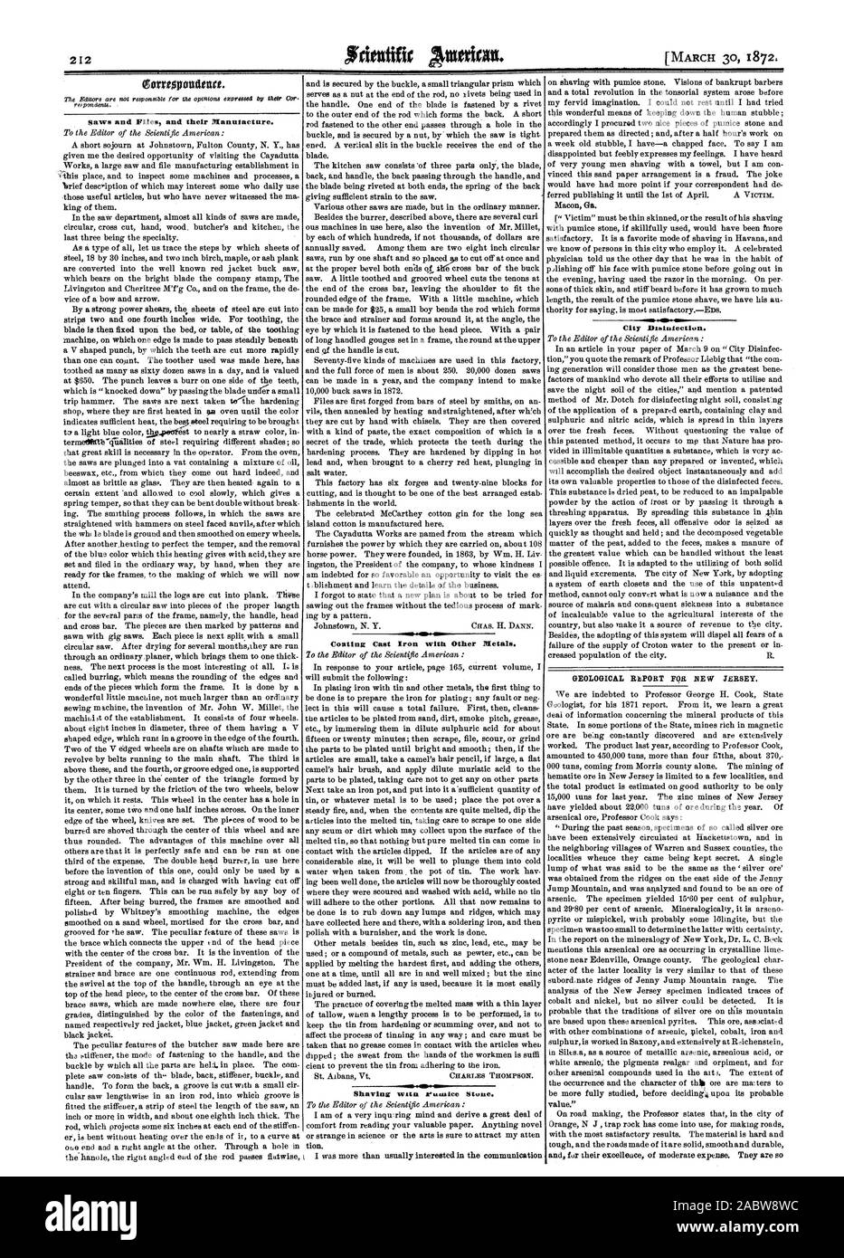 Sägen und Dateien und deren Herstellung. --------. Beschichtung Gusseisen mit anderen Metallen geologische RaPORT FÜR NEW JERSEY., Scientific American, 1872-03-30 Stockfoto