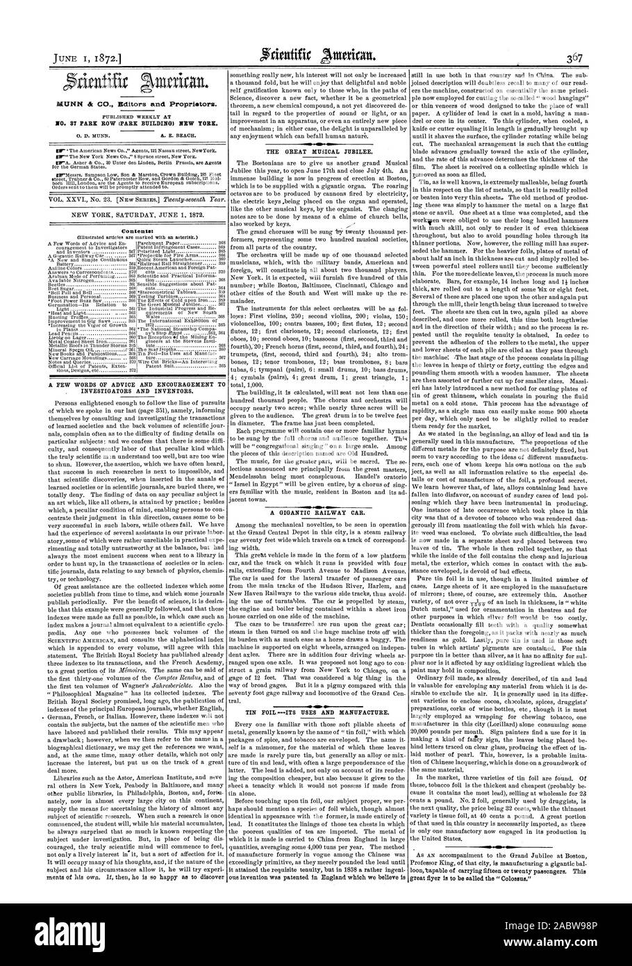 Nr. 37 PARK ROW (PARK GEBÄUDE) NEW YORK. Inhalt: EIN PAAR WORTE VON RAT UND ERMUTIGUNG T. Forscher und Erfinder. Die großen musikalischen Jubiläums. Eine gigantische WAGEN. Gesetz ALUFOLIE SEINE VERWENDUNG UND HERSTELLUNG. loon tapable von fünfzehn oder zwanzig Passagiere. Diese große Flyer ist der "Koloss., Scientific American, 1872-06-01 genannt zu werden. Stockfoto