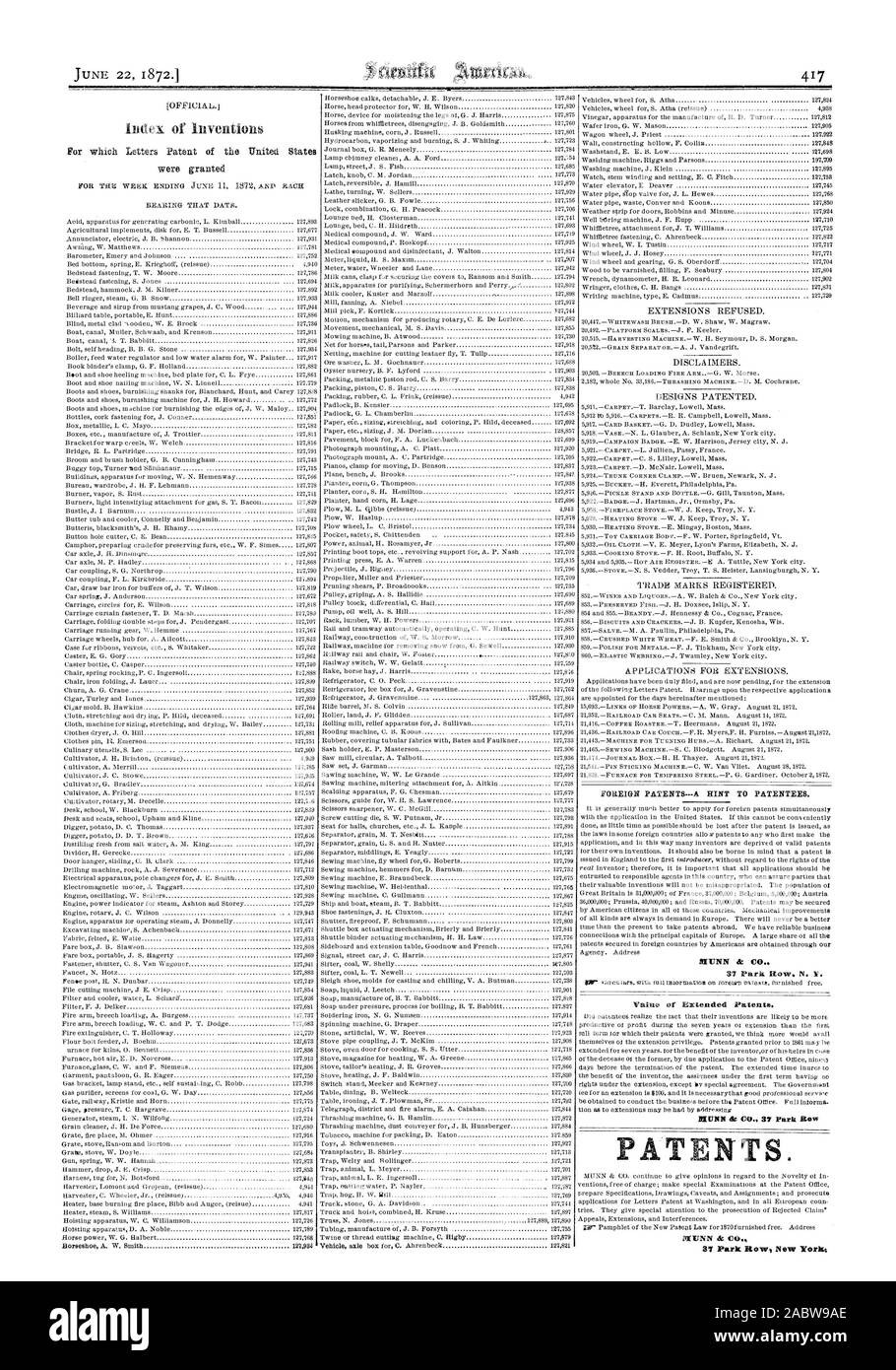 Juni 22 1872.1 ausländische Patente - ein Hinweis auf die Patentinhaber. Wert der Erweiterten Patente. Patente. 37 Park Haw New York %, Scientific American, 1872-06-22 Stockfoto