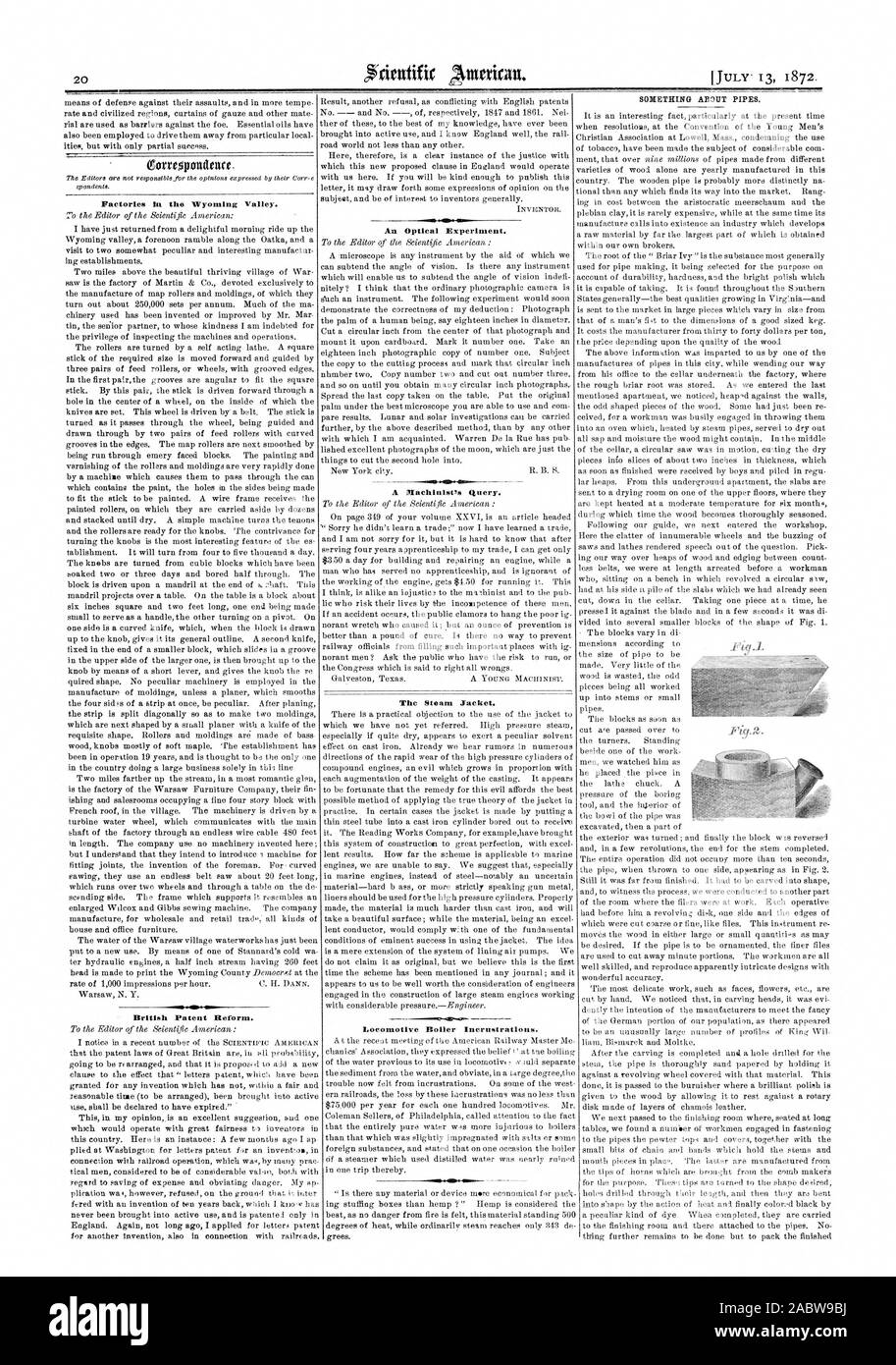 Fabriken in der Wyoming Senke. British Patent Reform. Ein optisches Experiment. Mit einer Schieblehre Abfragen. Der Dampf Jacke. Lokomotivkessel Incrustrations. Etwas über Rohrleitungen., Scientific American, 1872-07-13 Stockfoto