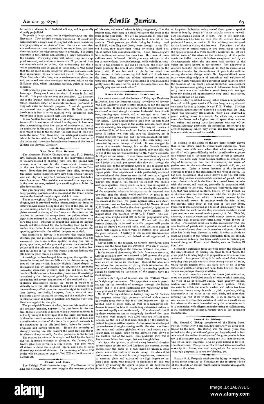 Die neue Ramme. Chang und Eng. Bemerkenswerte Elektrische Instrumente. Saint. Samuel C. Bischof., Scientific American, 1872-08-03 Stockfoto
