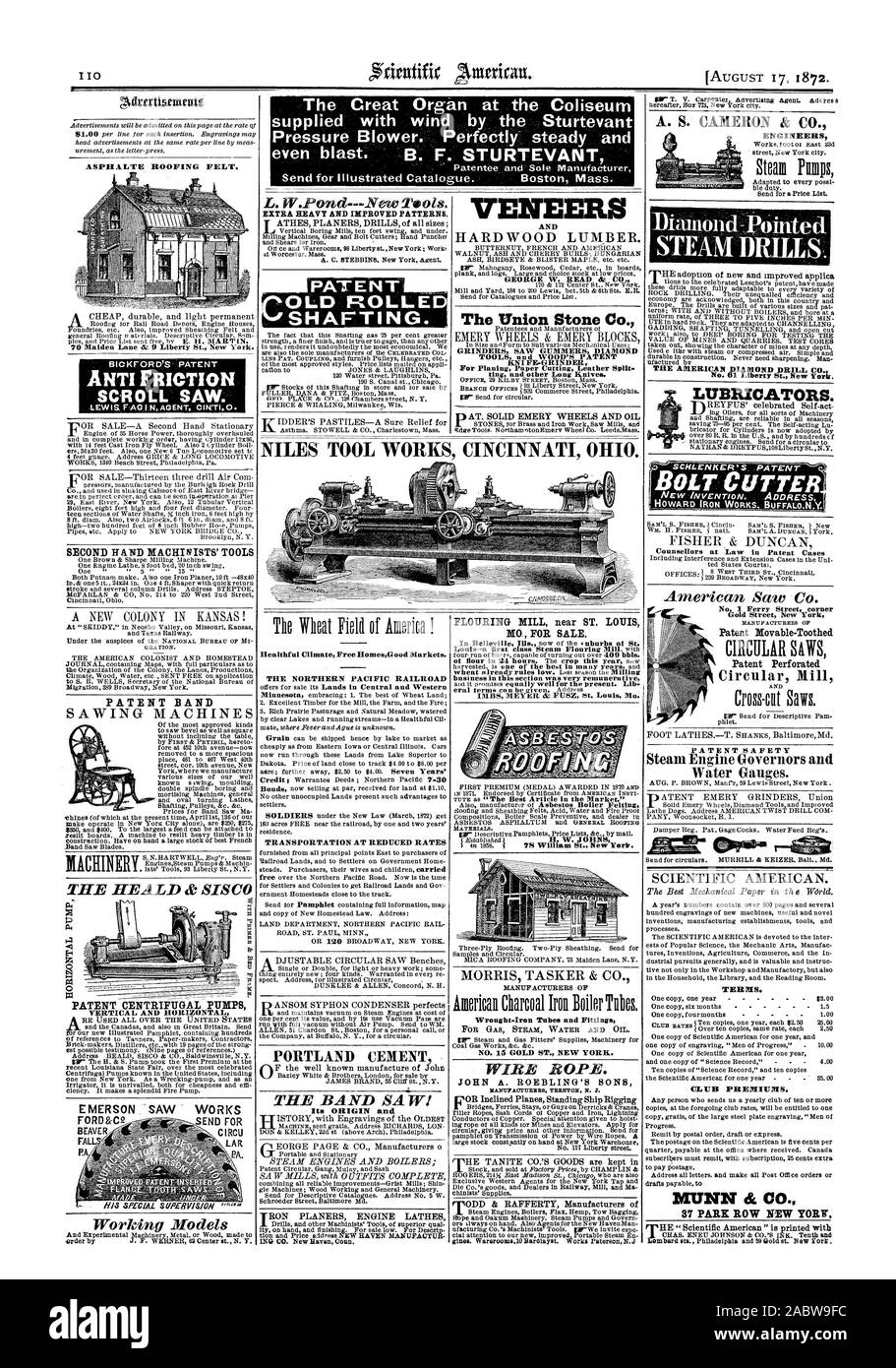 Die Creat Orgel an das Kolosseum mit Wind von der Sturtevant Druckgebläses. Perfekt für eine stetige und ASPHALTE DACHPAPPE. A. S. CAMERON & C INGENIEURE BICKFORD'S PATENT ANTI FRICTION DEKUPIERSÄGE. - LEWIS FAG I N AGENT CIN710. Zweite Hand MASCHINISTEN' TOOLS PATENT BAND 0 PATENT KREISELPUMPEN vertikale und horizontale EMERSON SAH ARBEITET MIT EXTRA HOHER UND VERBESSERTE MUSTER gesunde Klima kostenlose HomesGood Märkte. Der Northern Pacific Railroad TRANSPORT ZU ERMÄSSIGTEN PREISEN PORTLAND ZEMENT seine Herkunft und Diamond-Pointed DAMPF BRILLS. Das AMERICAN DIAMOND DRILL CO. N 61 Liberty St. Neu für Stockfoto