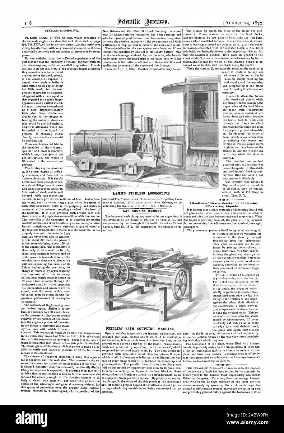 FIRELESS Lokomotive. Dr. Emile Lamm in New Orleans, dessen Erfindung der Ammoniak Motor bei Seite, hie Aufmerksamkeit mit sehr erfolgreiche Ergebnisse zu der eco nomic und absolut sicheren Vortrieb der Straße Autos durch Dampfkraft dargestellt und beschrieben wurde. Er wurde aus den gesammelten Erfahrungen des vergangenen Jahrhunderts, dass die Effizienz von Dampf togsther mit ihren inneren Billigkeit nicht in Frage gestellt werden könnte. Der ob jections zu seiner Verwendung lag zunächst in der ständigen Gefahr, seine Generation in einem Kessel über einem aktiven Feuer gelegt, und zweitens in der konsequenten Kosten entstanden sein. Stockfoto