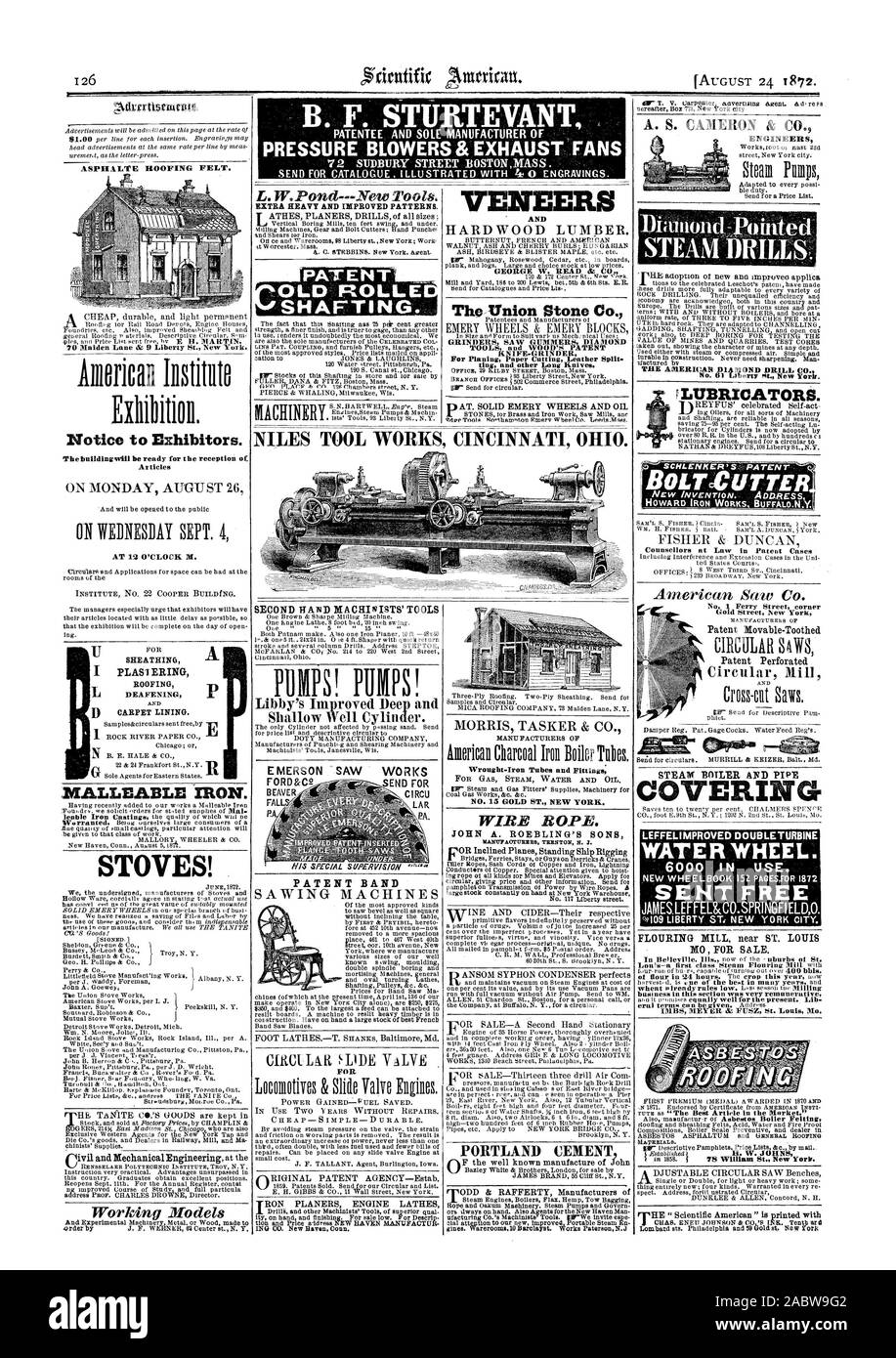 Nr. 61 Liberty st. Neu für SCHMIERSTOFFGEBER. Bolzenschneider STEAIK KESSEL UND ROHRLEITUNGEN FÜR LEFFELIMPROVED DOUBLETURBINE WASSERRAD. Kostenlose° 109 LIBERTY ST ich NEW YORK CITY. FLOURING Mühle in der Nähe von st. LOUIS MO ZUM VERKAUF. Materialien. IVIALLEA. BLE EISEN. Öfen! [Unterzeichnet FORD &-C2 senden Für circus cirkus PATENT BAND FÜR DAMPF BOHRER Patent Patent Movable-Toothed perforierte B.F. STURT "EVANT DRUCK GEBLÄSE & ABLUFTVENTILATOREN INGENIEURE, Scientific American, 1872-08-24 Stockfoto