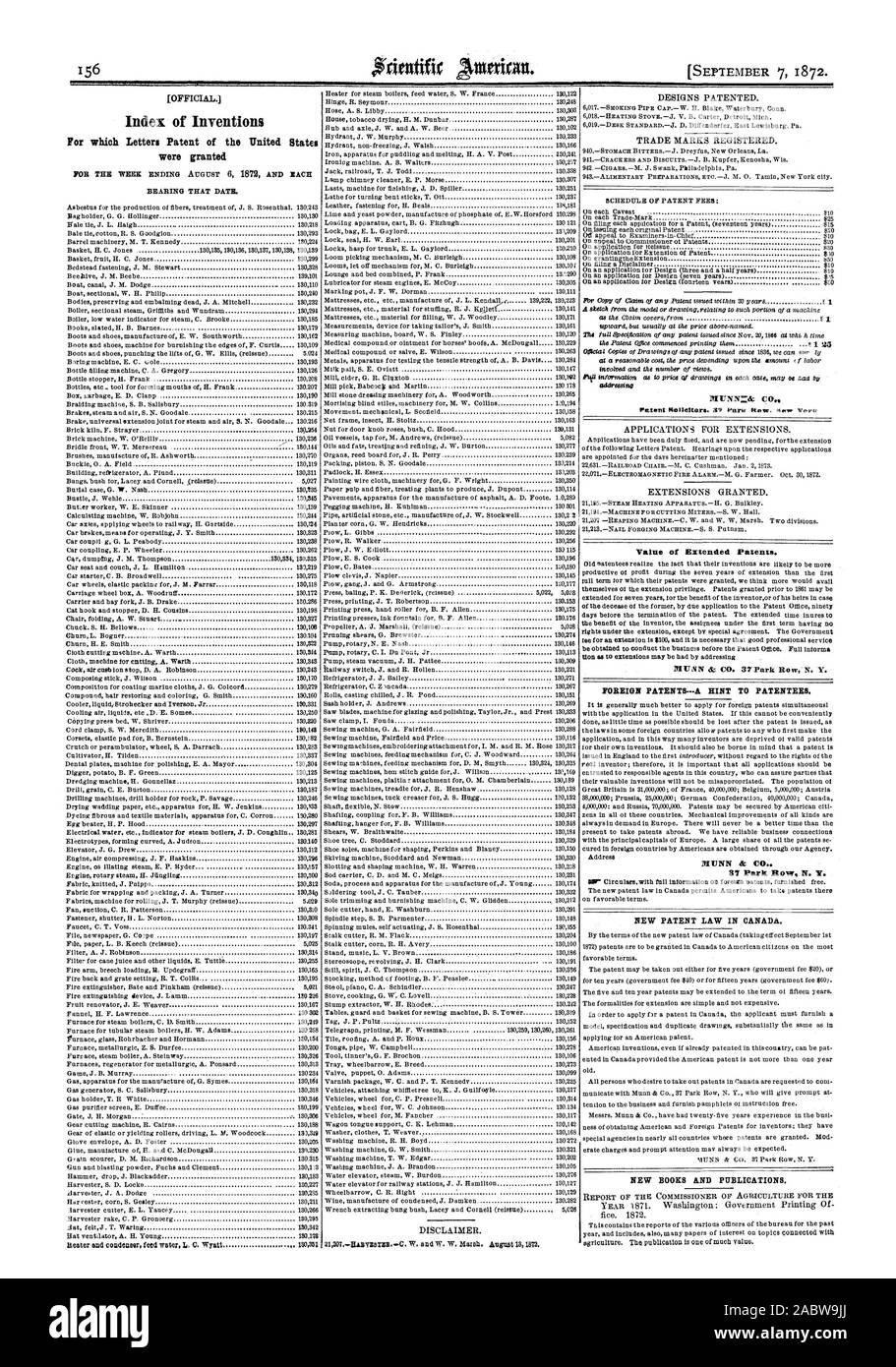 Index der Erfindungen, für die Buchstaben Patent in den Vereinigten Staaten Wert der Erweiterten Patente erteilt wurden. Ausländische PATENTE - ein Hinweis auf die Patentinhaber. NUNN&C NEUE PATENTRECHT IN KANADA. Neue BÜCHER UND PUBLIKATIONEN, Scientific American, 1872-09-07 Stockfoto