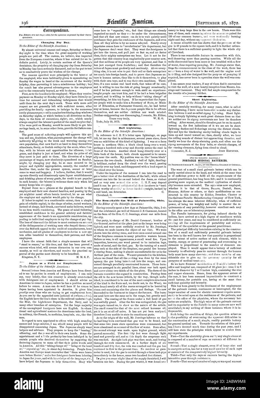 Ändern Pay Day. Japan als ein Feld für die Beschäftigung. Ball Lightning. Die Remlrkable Gas in Painesville Ohio. Wetterleuchten. Tragbare medizinische Batterien., Scientific American, 1872-09-28 Stockfoto