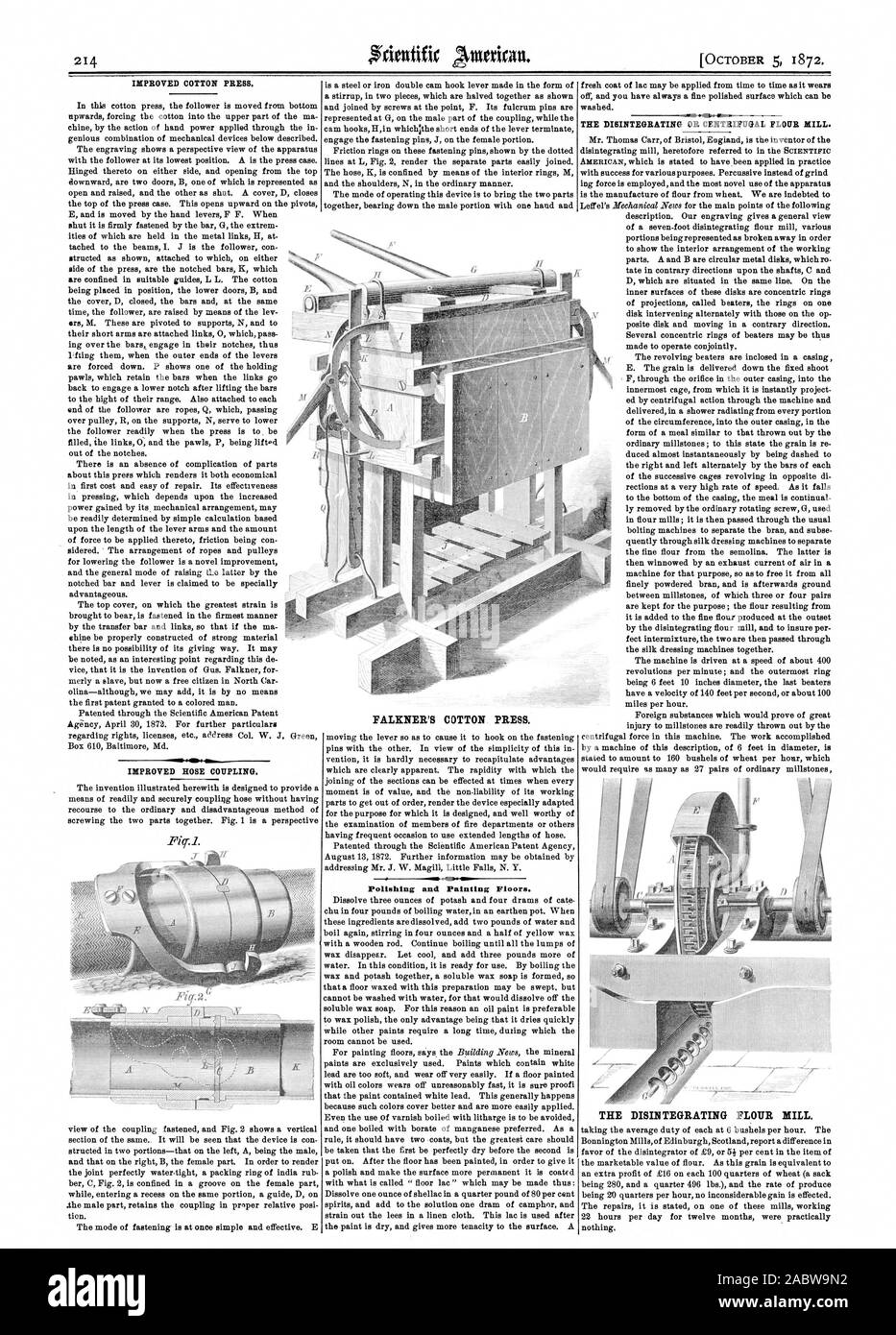 Milch FALKNER DER BAUMWOLLE DRÜCKEN. Polieren und Lackieren. Die ZERFALLENDEN MÜHLE., Scientific American, 1872-10-05 Stockfoto