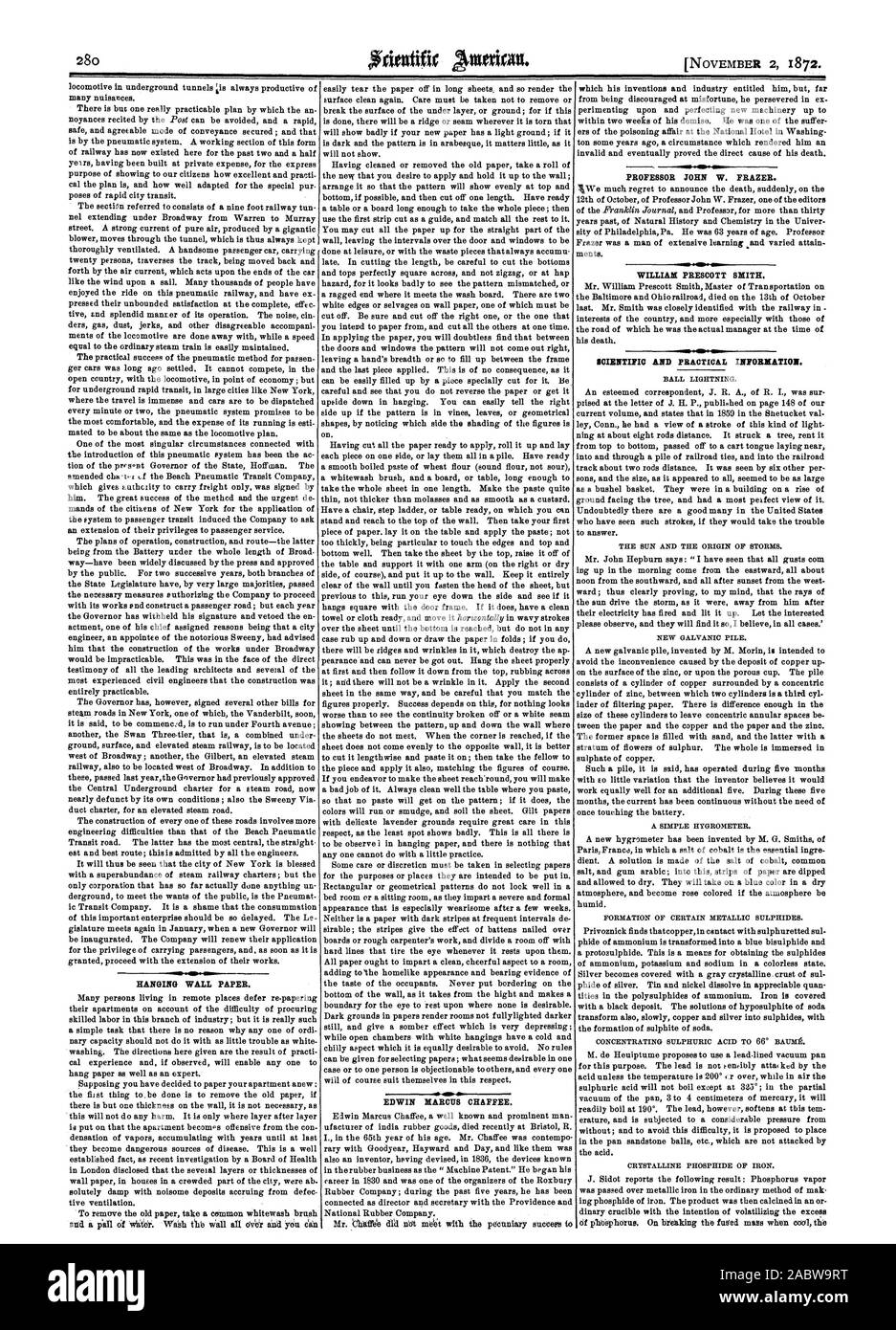 Hängende WAND PAPIER. OD. EDWIN MARCUS CHAFFEE. PROFESSOR JOHN W. FRAZER. WILLIAM PRESCOTT SMITH. Wissenschaftliche und praktische Informationen., Scientific American, 1872-11-02 Stockfoto