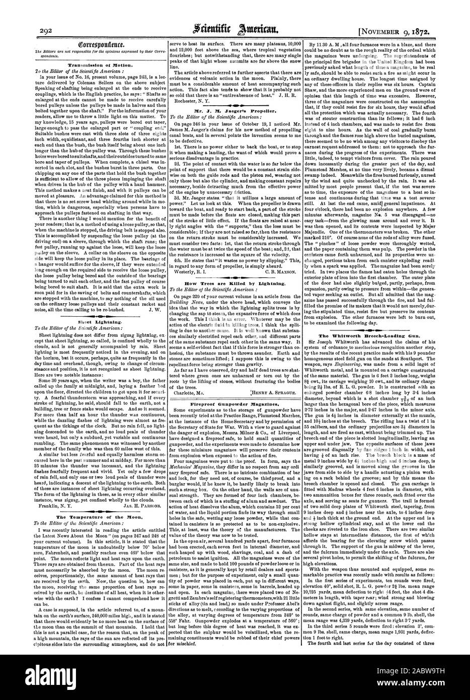 Übertragung der Bewegung. Wetterleuchten. Die Temperatur des 12.00. Hr. J. lYL. Jaeger's Propeller. Wie Bäume sind durch Blitzschlag getötet. Feuerfeste Schießpulver Zeitschriften. Die whitworth Breech-Loading Gewehr., Scientific American, 1872-11-09 Stockfoto