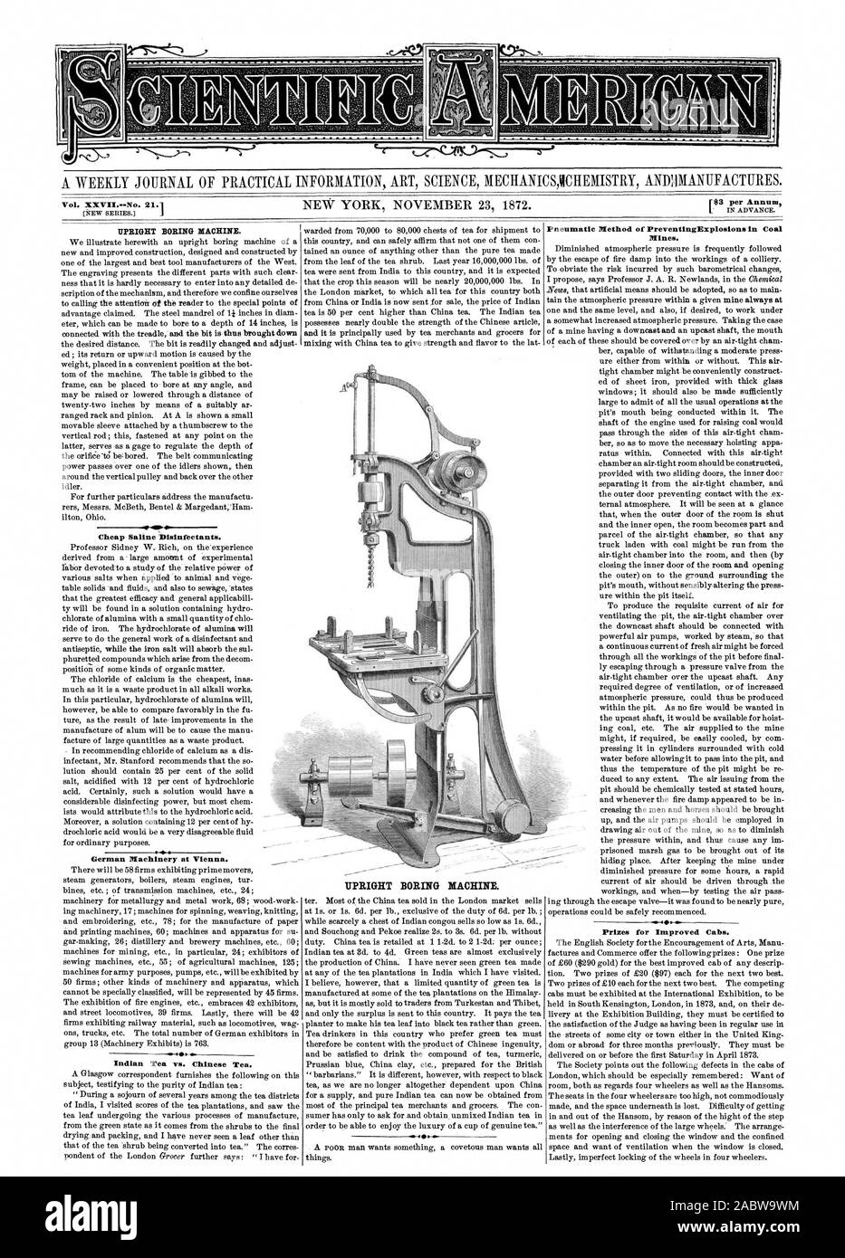 Eine wöchentliche Zeitschrift für PRAKTISCHE INFORMATIONEN KUNST WISSENSCHAFT MECHANICSACHEMISTRY ANDIIMANUFACTURES. Vol.21.1 r S3 pro Jahr aufrecht. Günstige Kochsalzlösung Desinfektionsmittel. Deutsche Maschinen in Wien. Indischen Tee gegen chinesischen Tee. - Aufrecht. Pneumatische Methode der PreventingEzplosions im Steinkohlenbergbau., Scientific American, 1872-11-23 Stockfoto