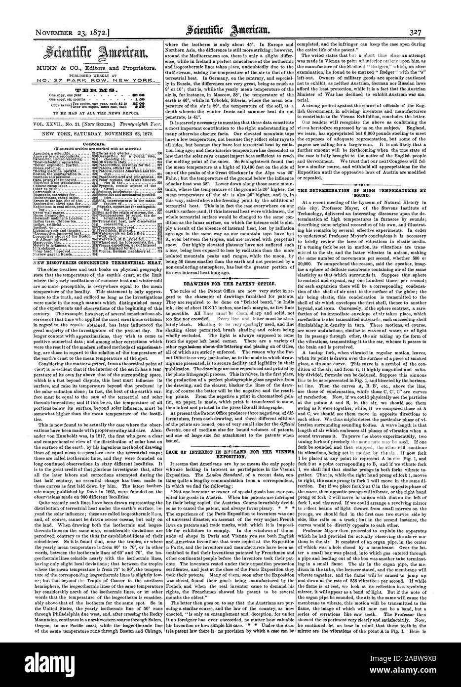 NOVEMBER 23 18721 Inhalt. Neue Entdeckungen über Erdwärme. Zeichnungen FÜR DAS PATENTAMT. Mangel an Interesse IN ENGLAND FÜR DIE WIENER AUSSTELLUNG. Die BESTIMMUNG VON HOHEN TEMPERATUREN durch Klang., Scientific American, 1872-11-23 Stockfoto